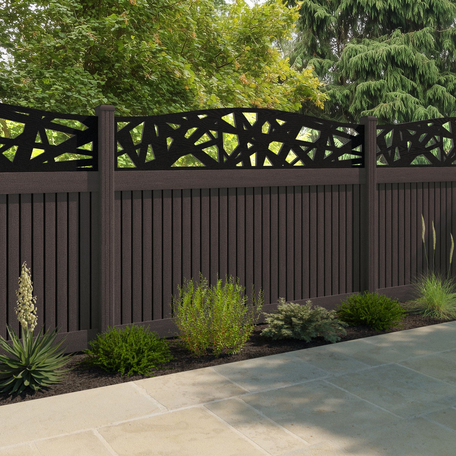 Virtis Prism Curved Top Fence Panel - Mid Brown - with our composite posts