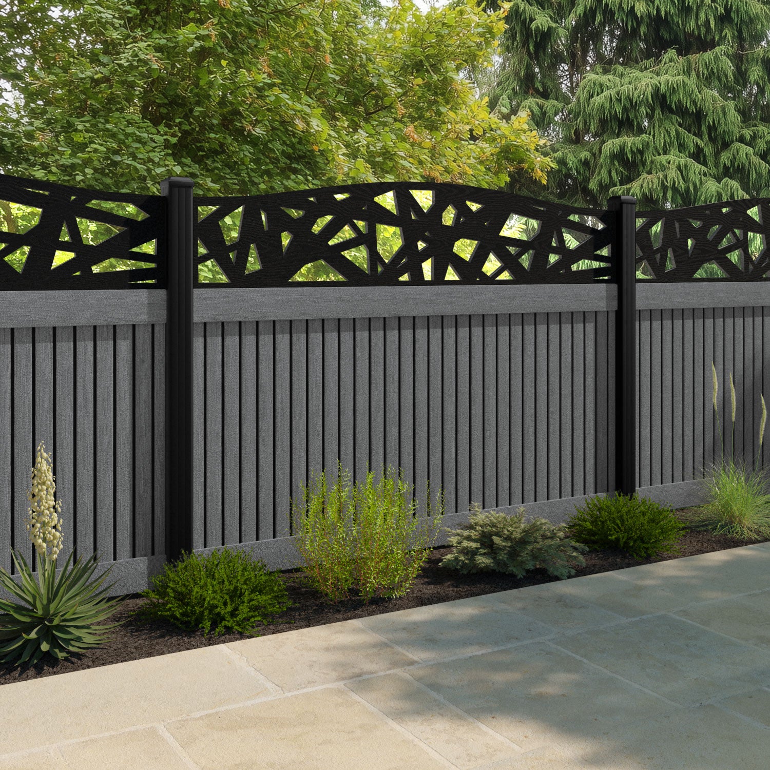 Virtis Prism Curved Top Fence Panel - Mid Grey - with our composite posts