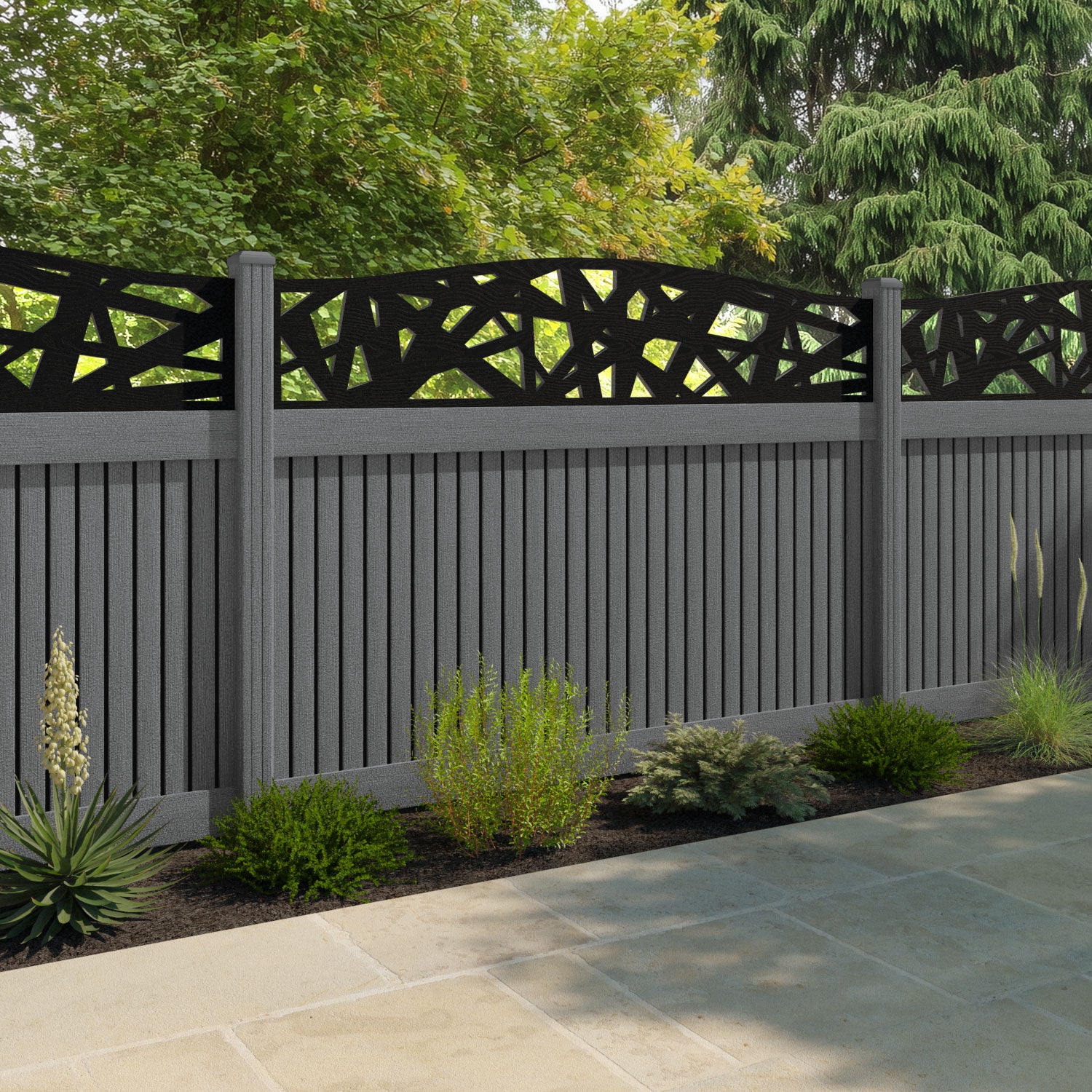 Virtis Prism Curved Top Fence Panel - Mid Grey - with our composite posts