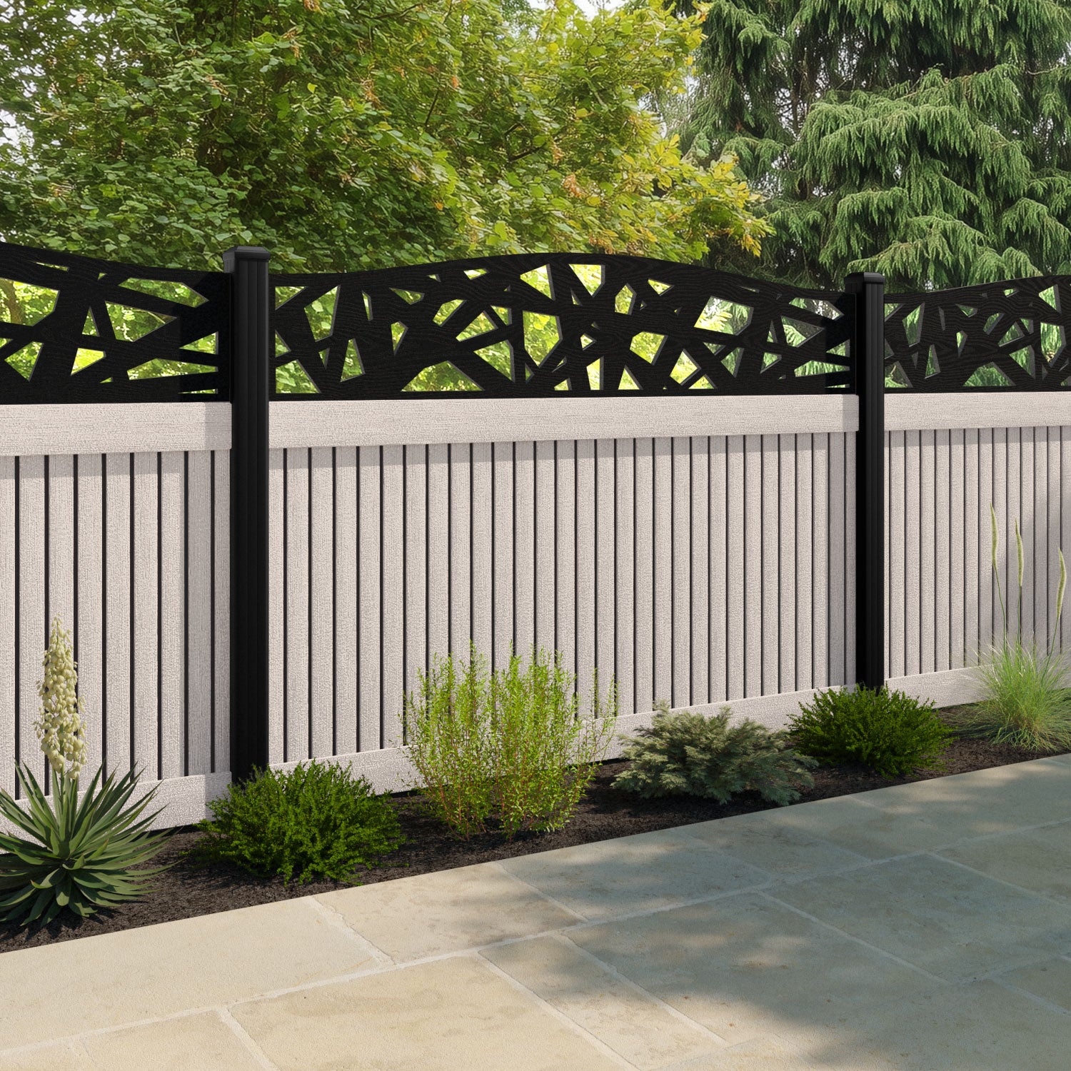 Virtis Prism Curved Top Fence Panel - Mid Stone - with our composite posts
