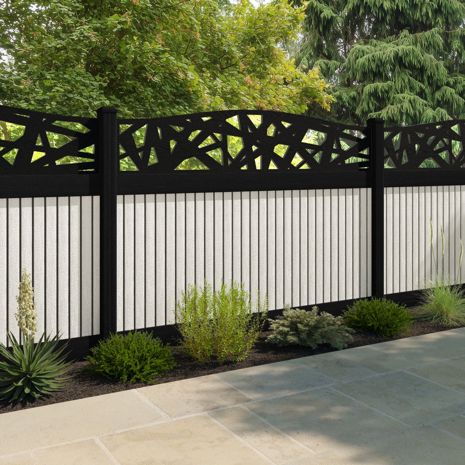 Virtis Prism Curved Top Fence Panel - Light Stone - with our aluminium posts