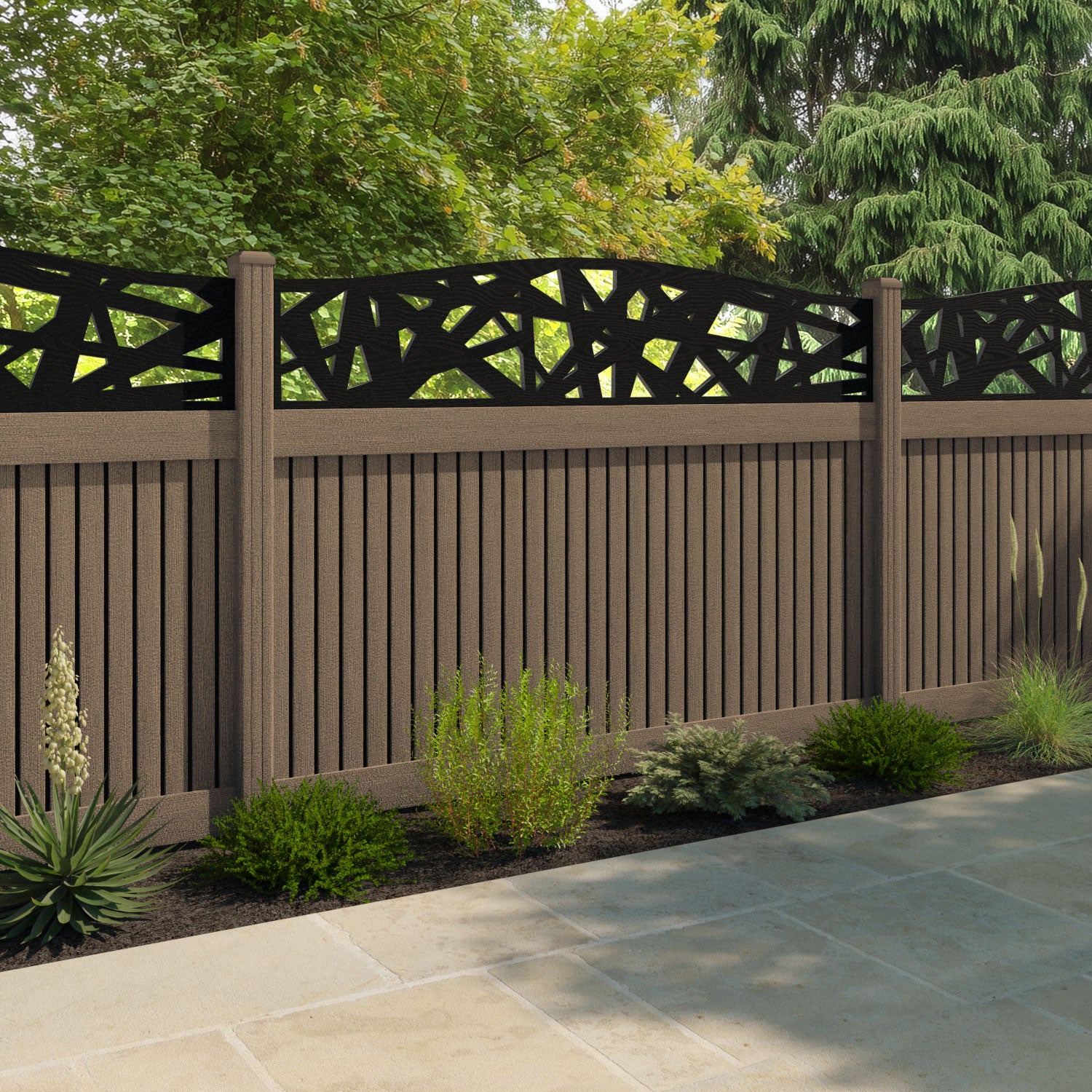 Virtis Prism Curved Top Fence Panel - Teak - with our composite posts
