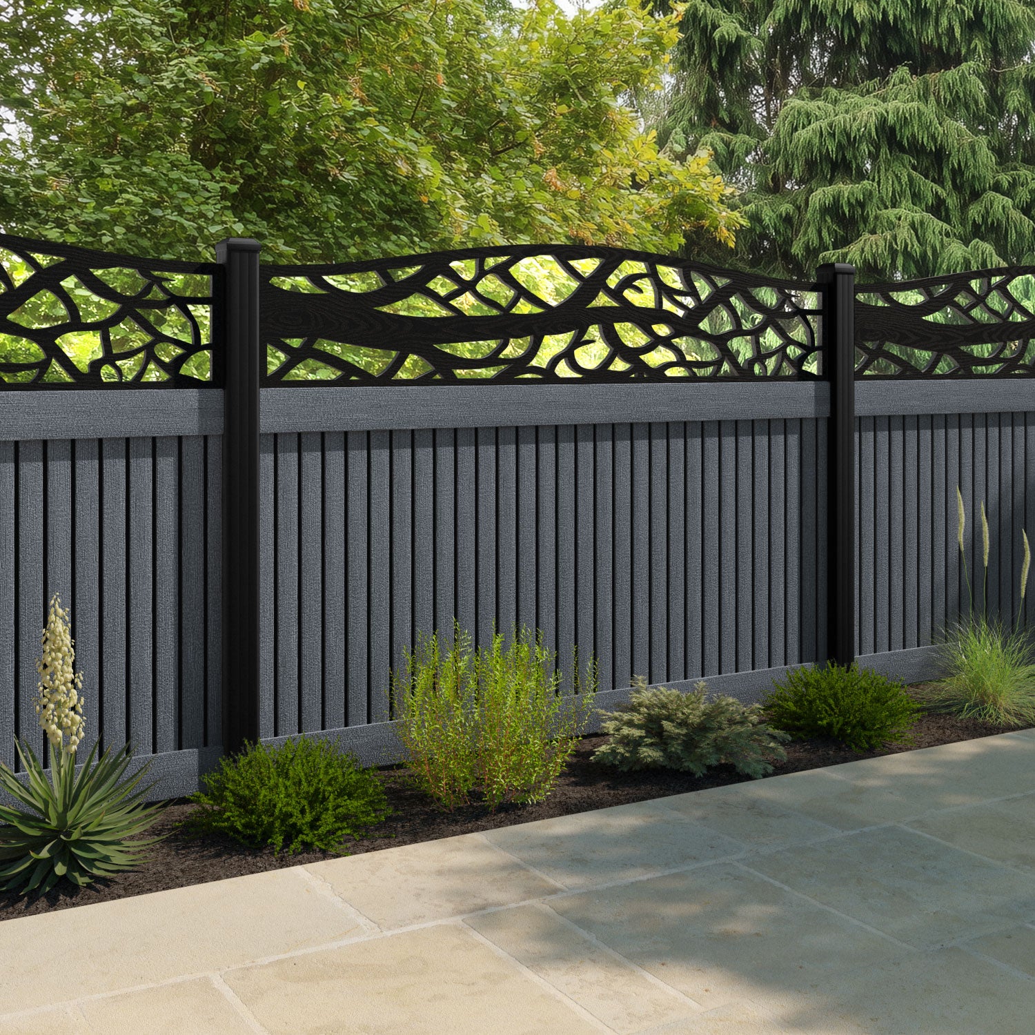 Virtis Twilight Curved Top Fence Panel - Anthracite - with our composite posts