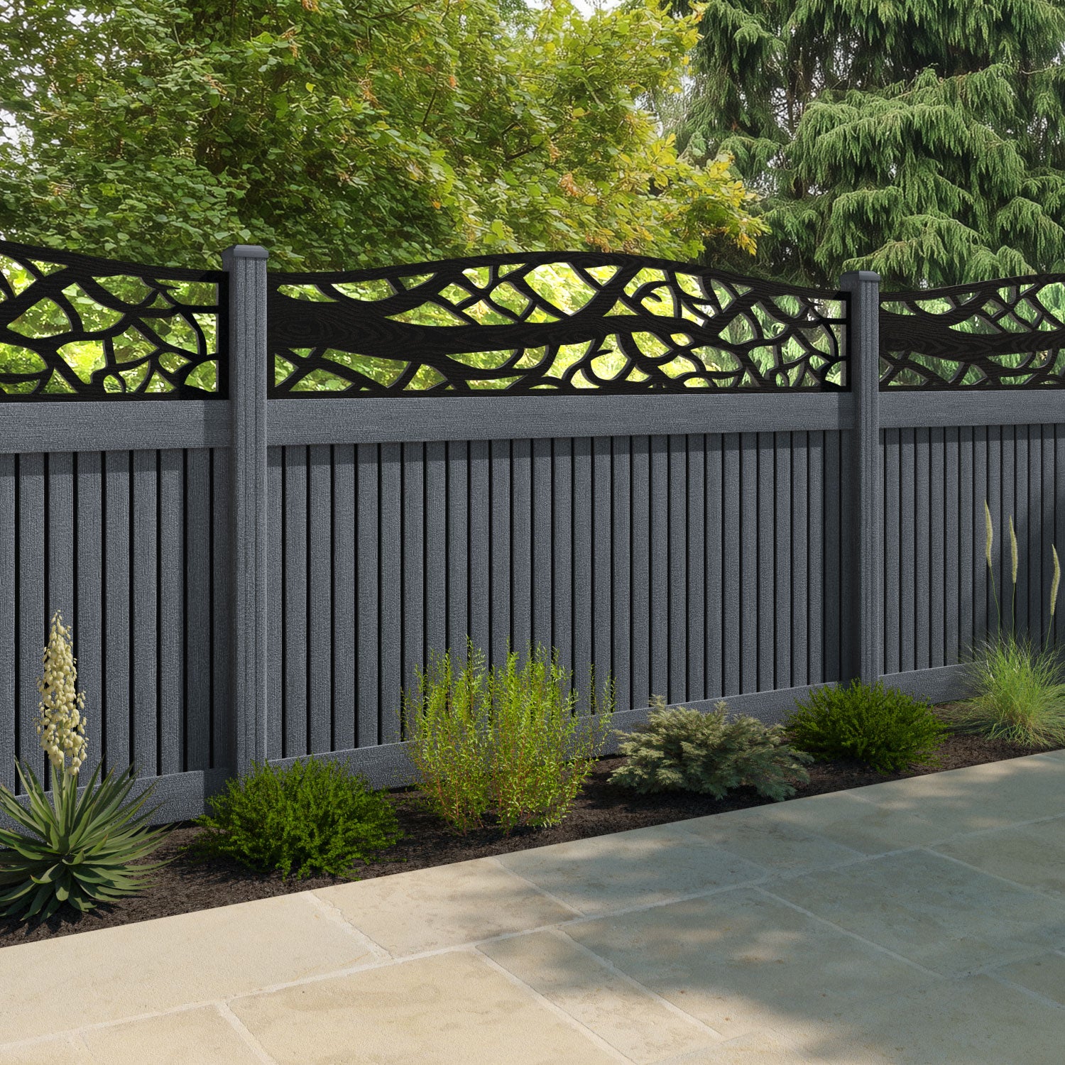 Virtis Twilight Curved Top Fence Panel - Anthracite - with our composite posts