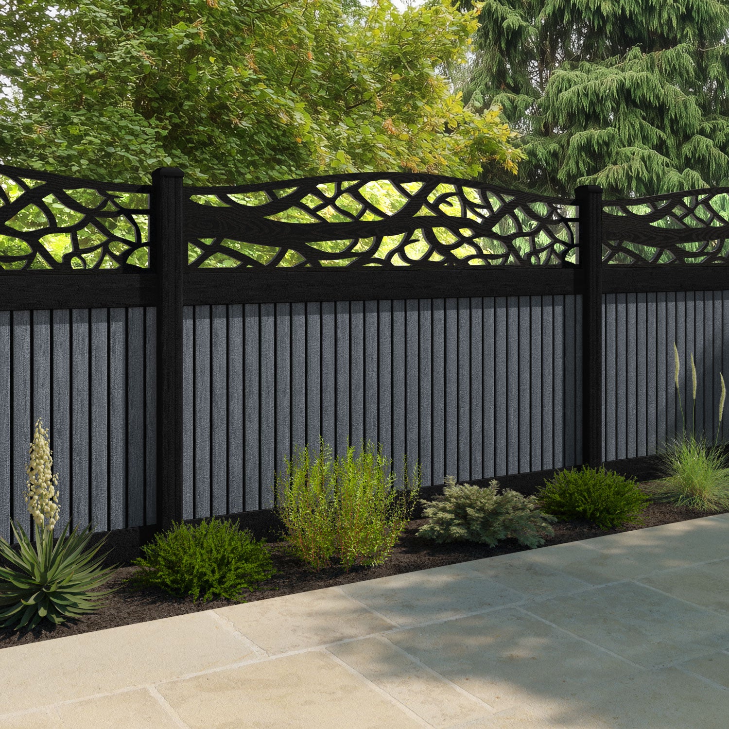 Virtis Twilight Curved Top Fence Panel - Anthracite - with our composite posts