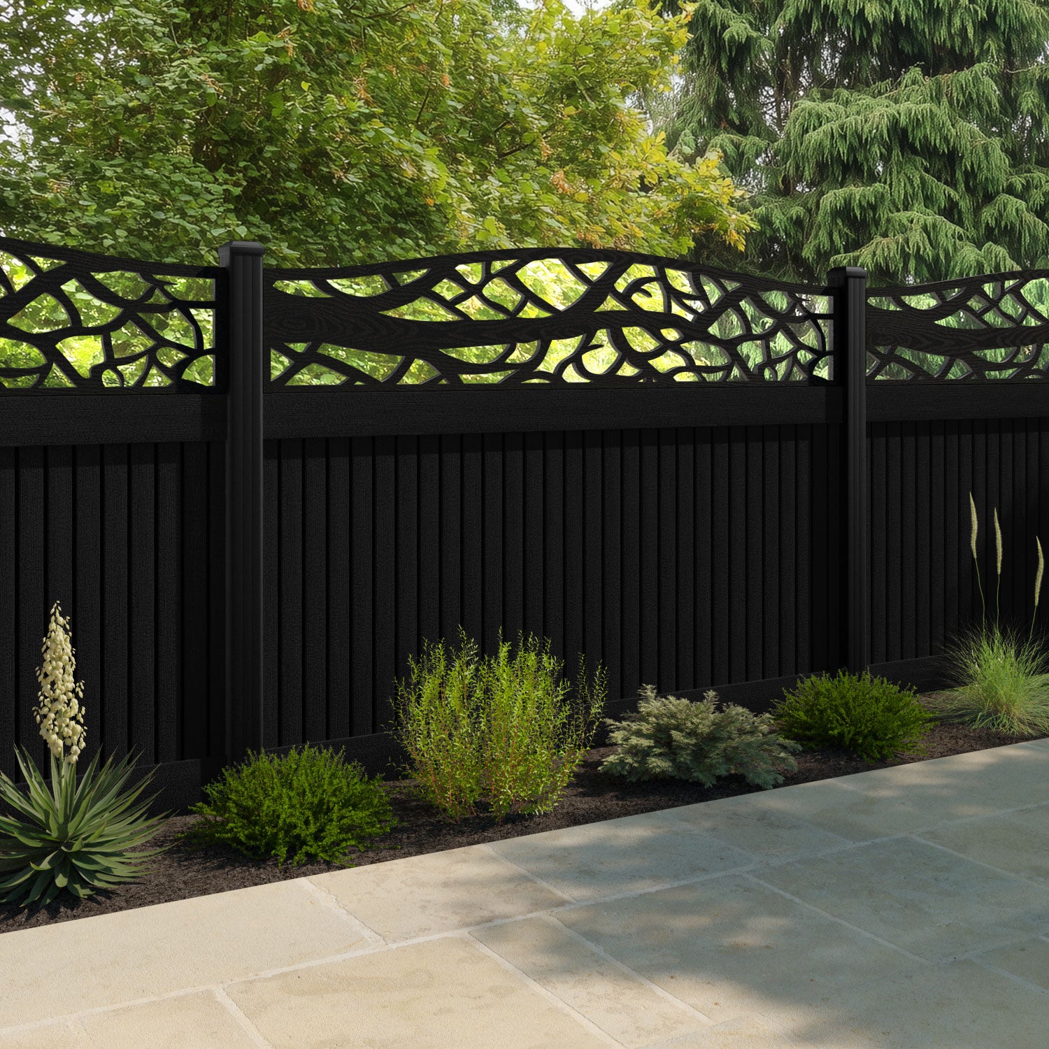 Virtis Twilight Curved Top Fence Panel - Black - with our aluminium posts