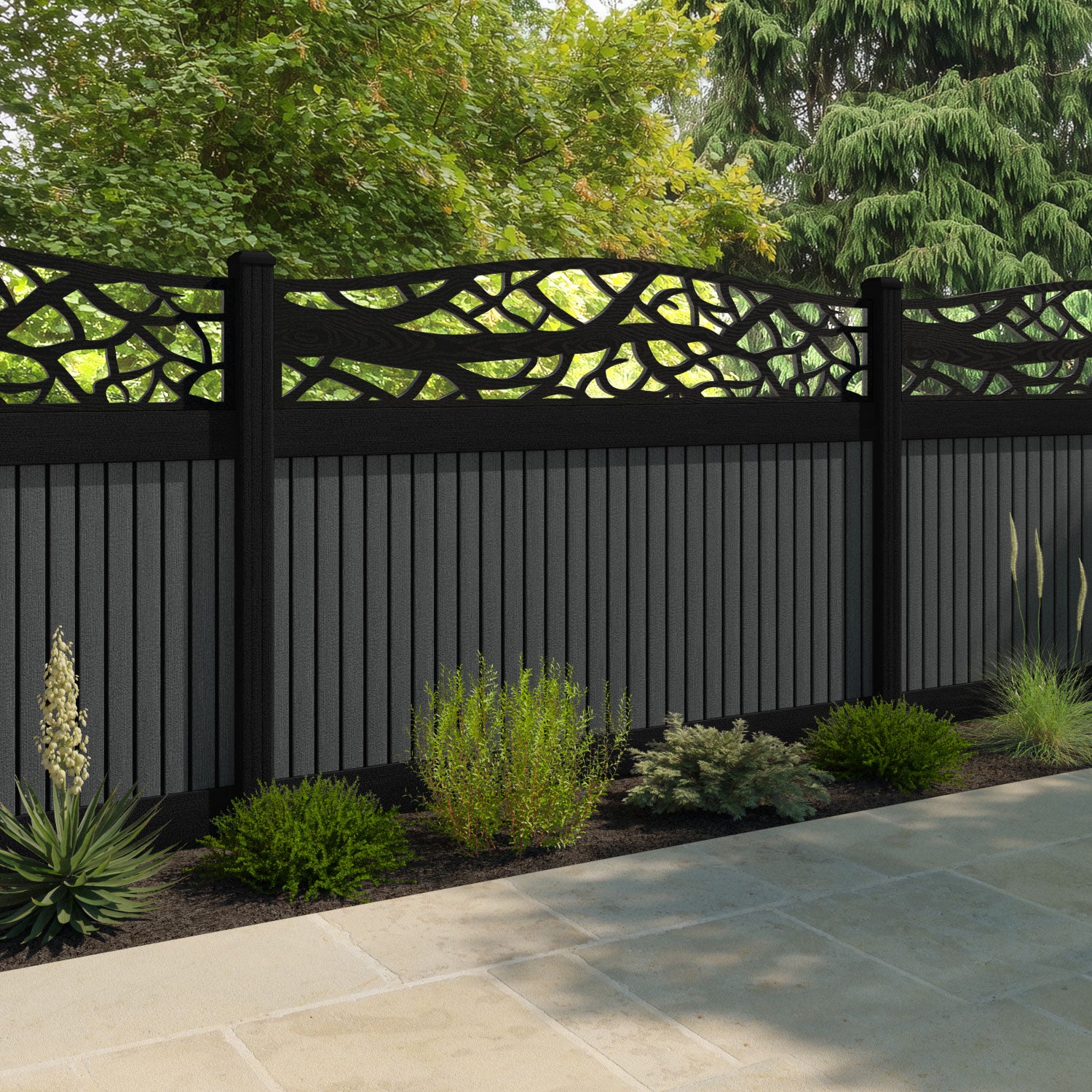 Virtis Twilight Curved Top Fence Panel - Dark Grey - with our composite posts