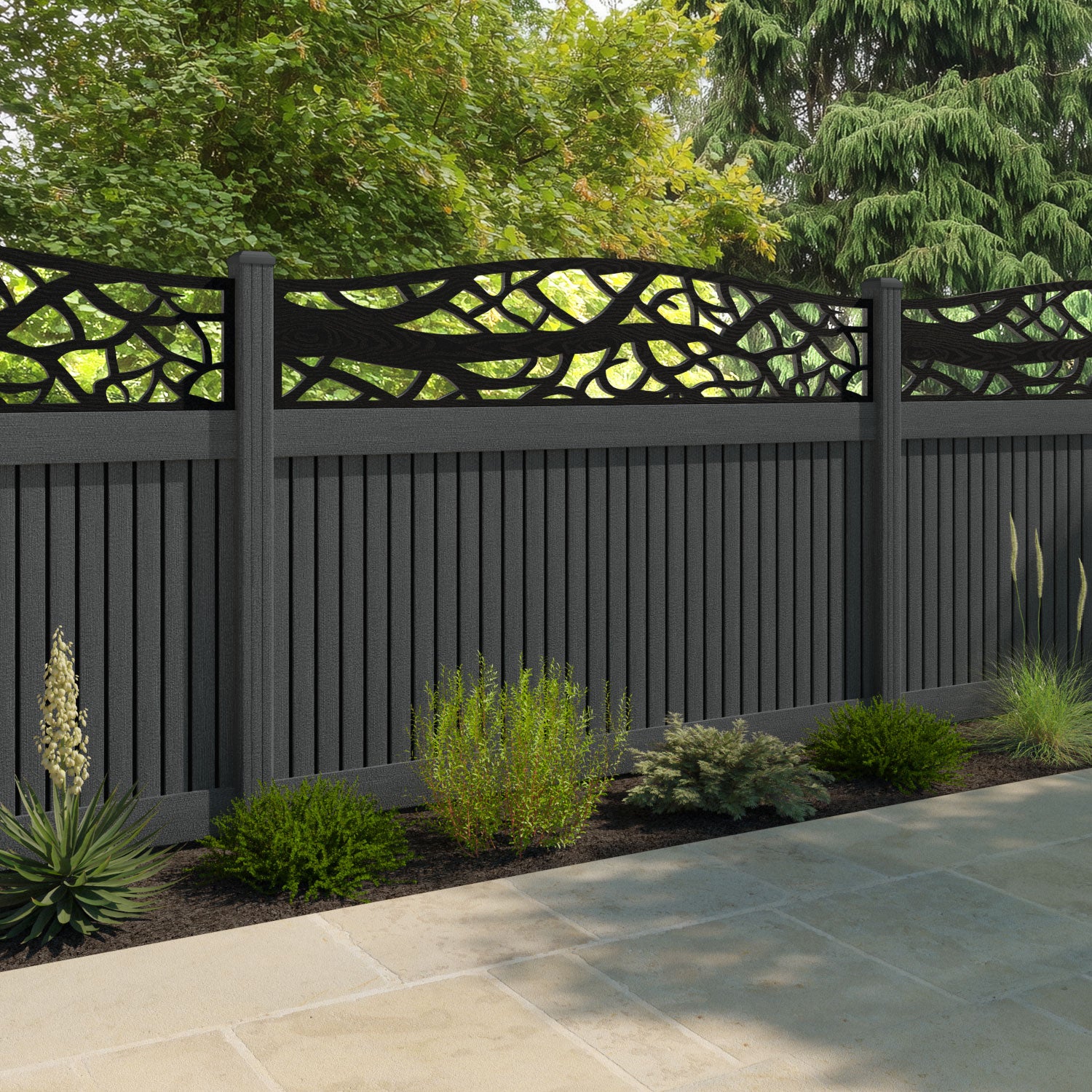 Virtis Twilight Curved Top Fence Panel - Dark Grey - with our composite posts