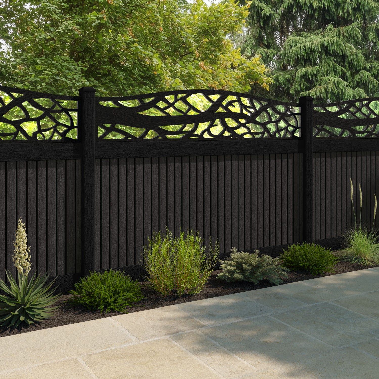 Virtis Twilight Curved Top Fence Panel - Dark Oak - with our composite posts