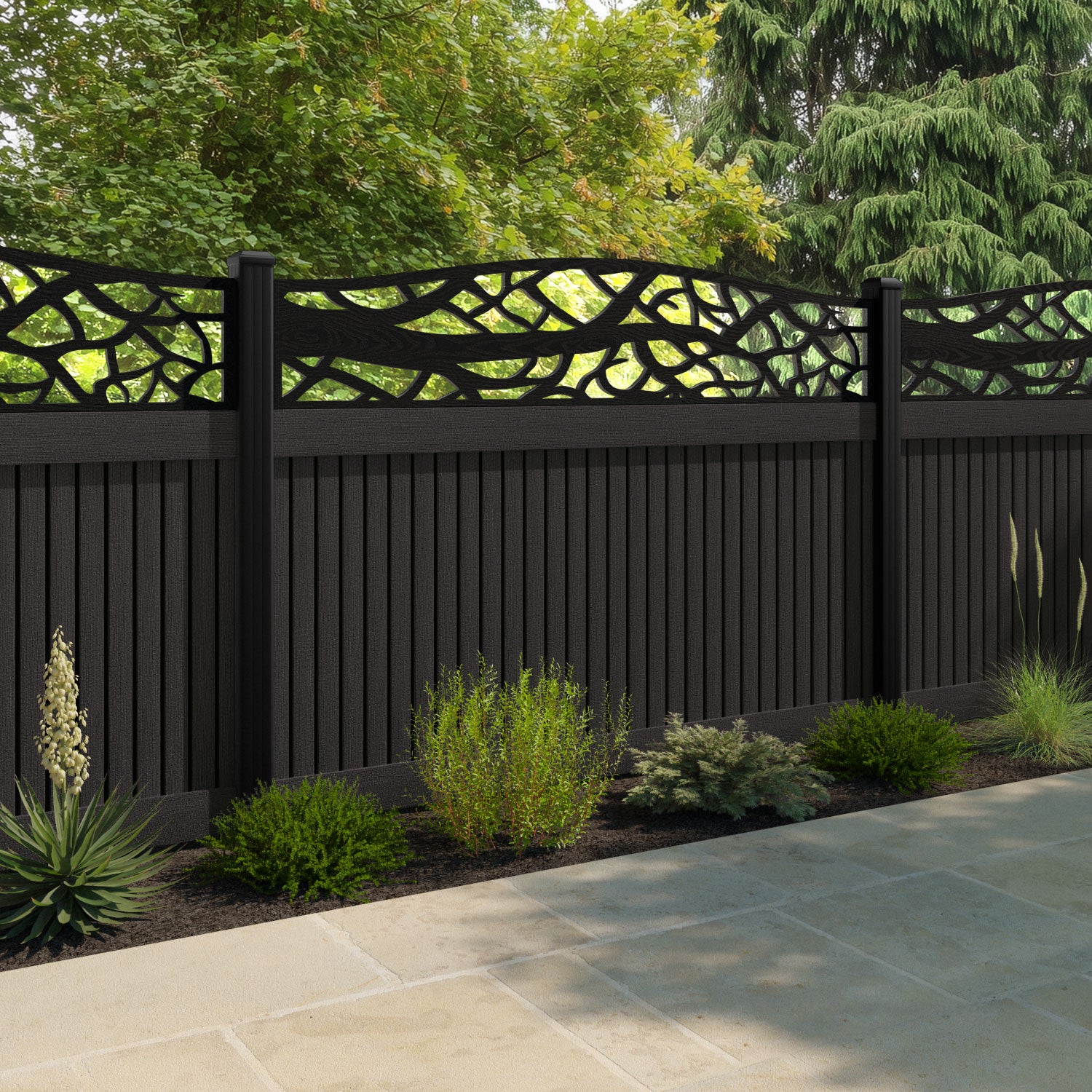 Virtis Twilight Curved Top Fence Panel - Dark Oak - with our composite posts