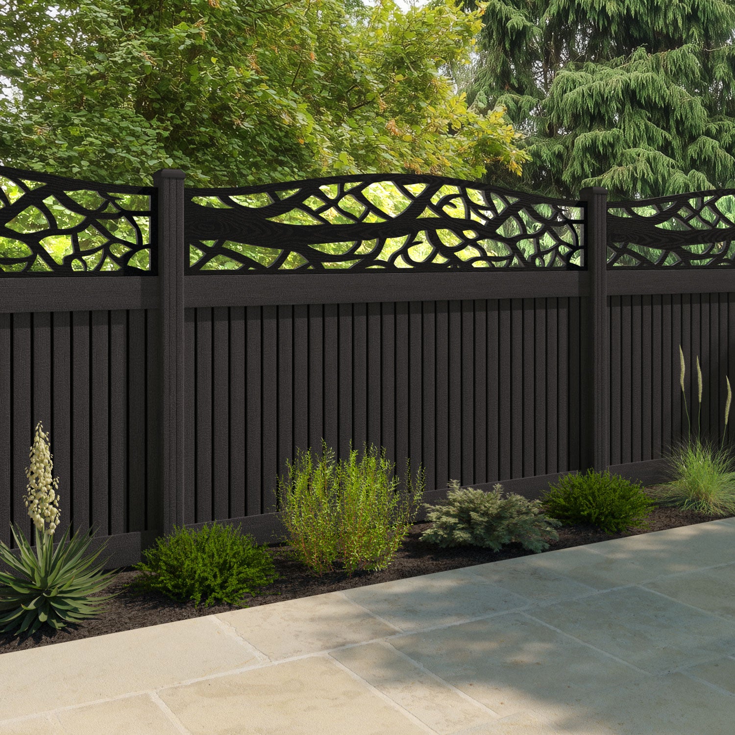 Virtis Twilight Curved Top Fence Panel - Dark Oak - with our composite posts