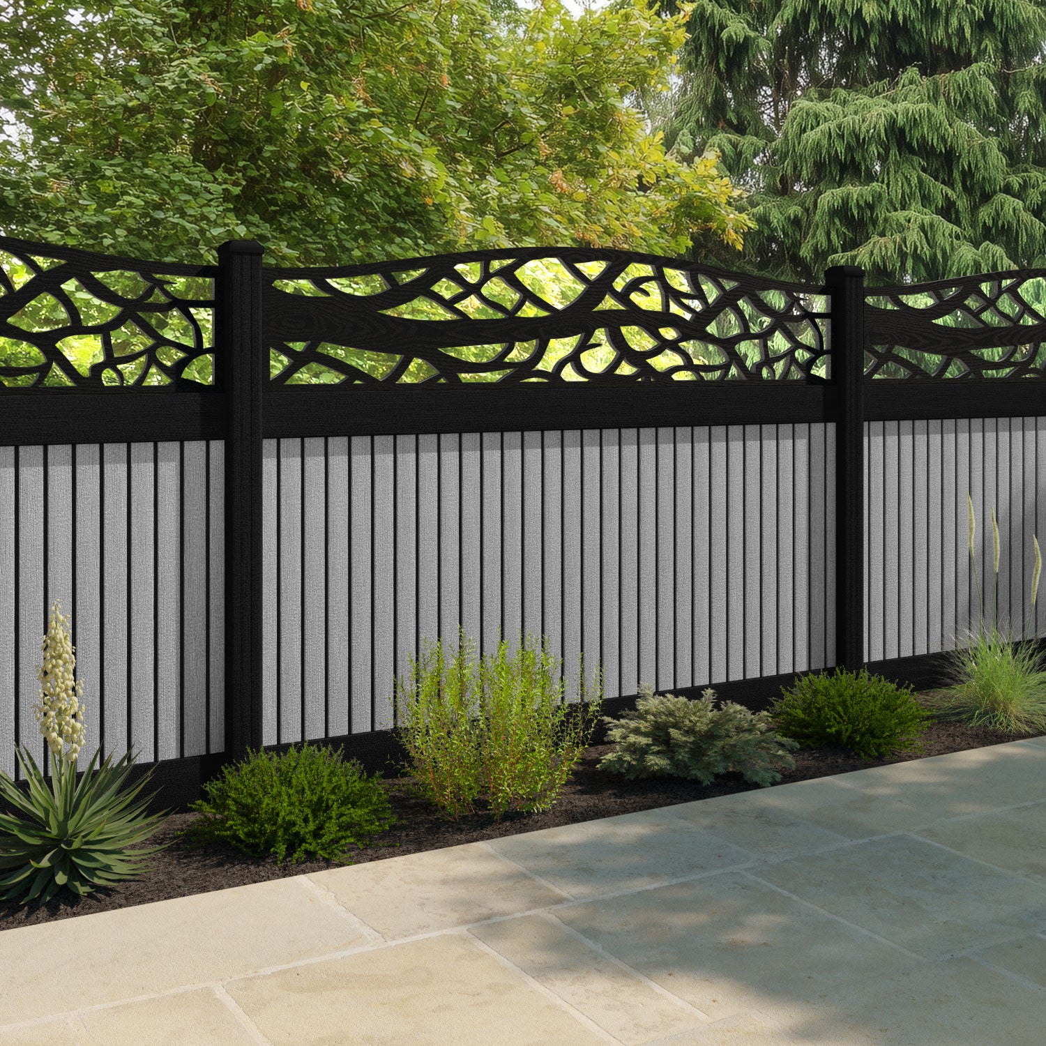 Virtis Twilight Curved Top Fence Panel - Light Grey - with our composite posts