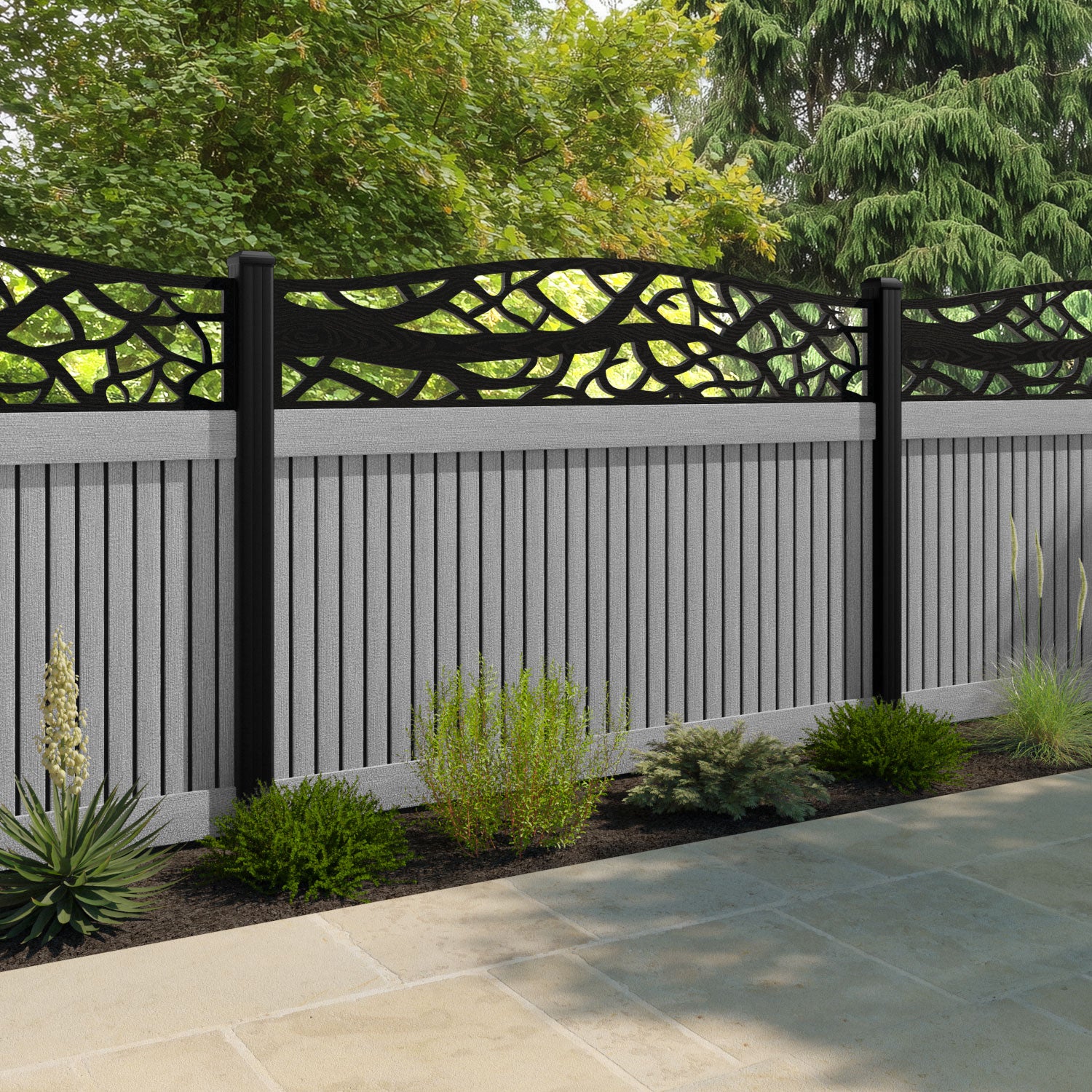 Virtis Twilight Curved Top Fence Panel - Light Grey - with our composite posts