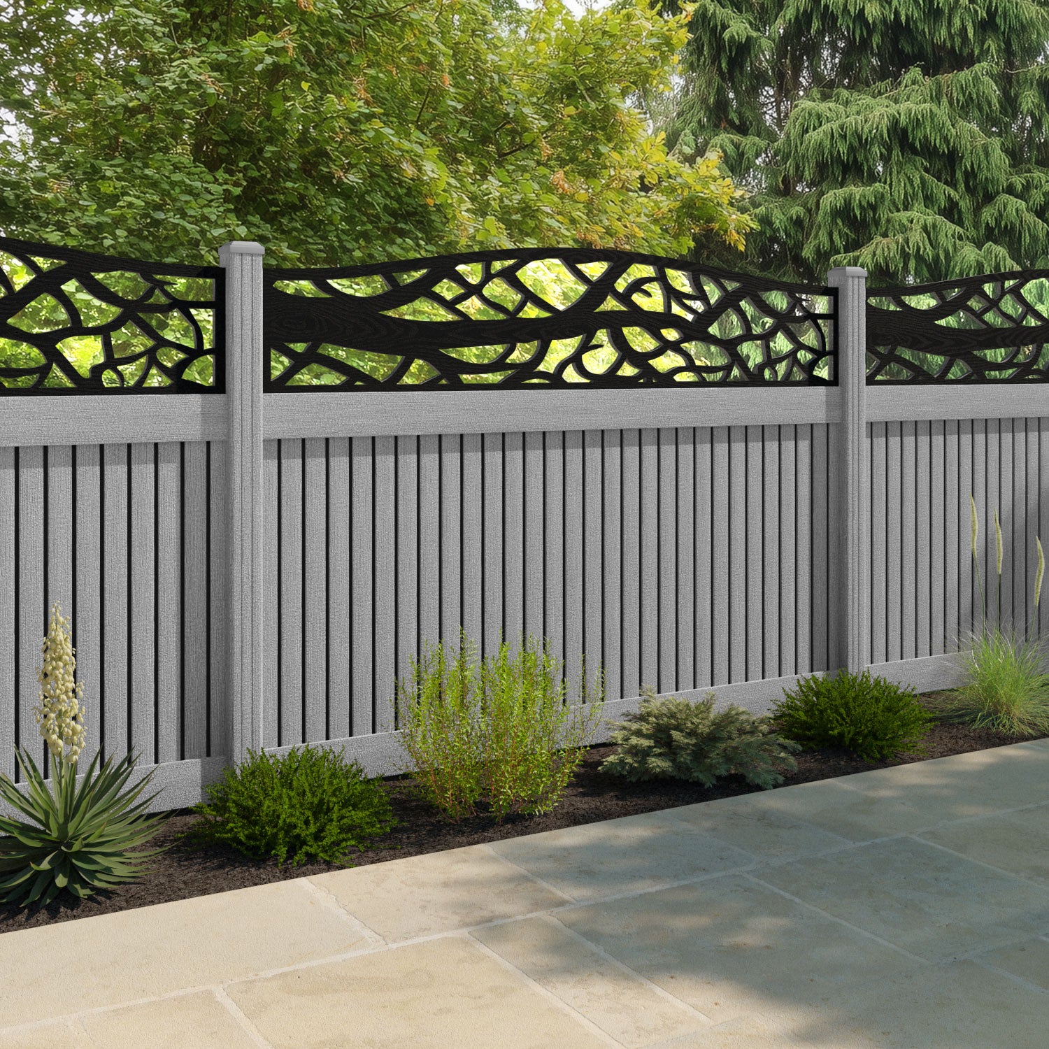 Virtis Twilight Curved Top Fence Panel - Light Grey - with our composite posts