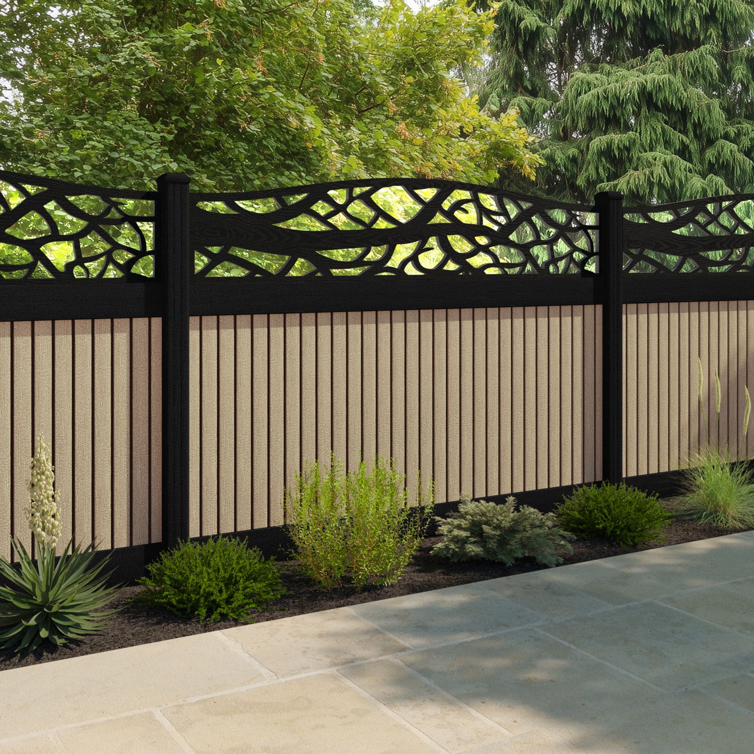 Virtis Twilight Curved Top Fence Panel - Light Oak - with our aluminium posts