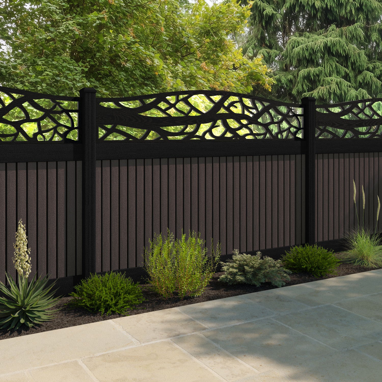 Virtis Twilight Curved Top Fence Panel - Mid Brown - with our composite posts