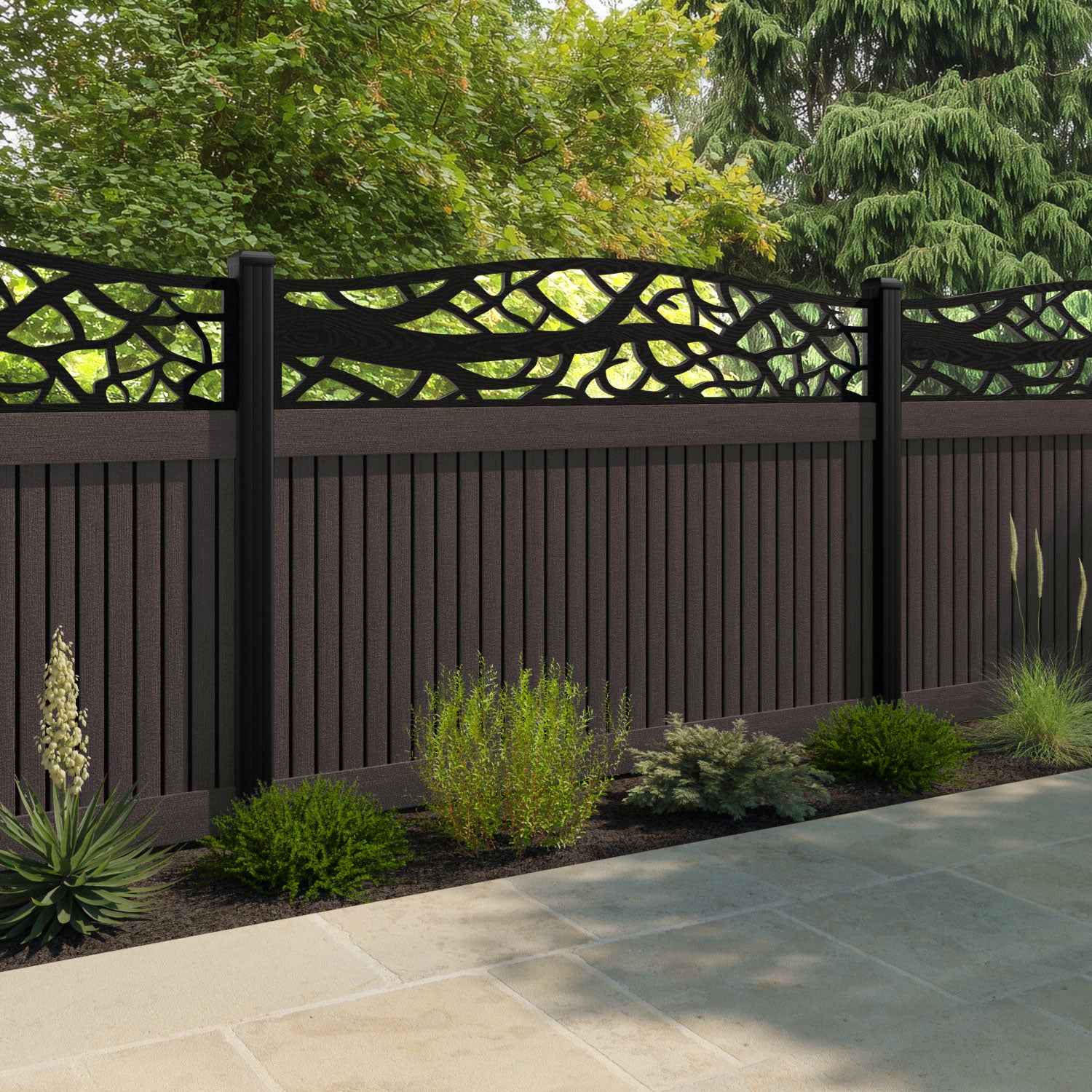Virtis Twilight Curved Top Fence Panel - Mid Brown - with our aluminium posts