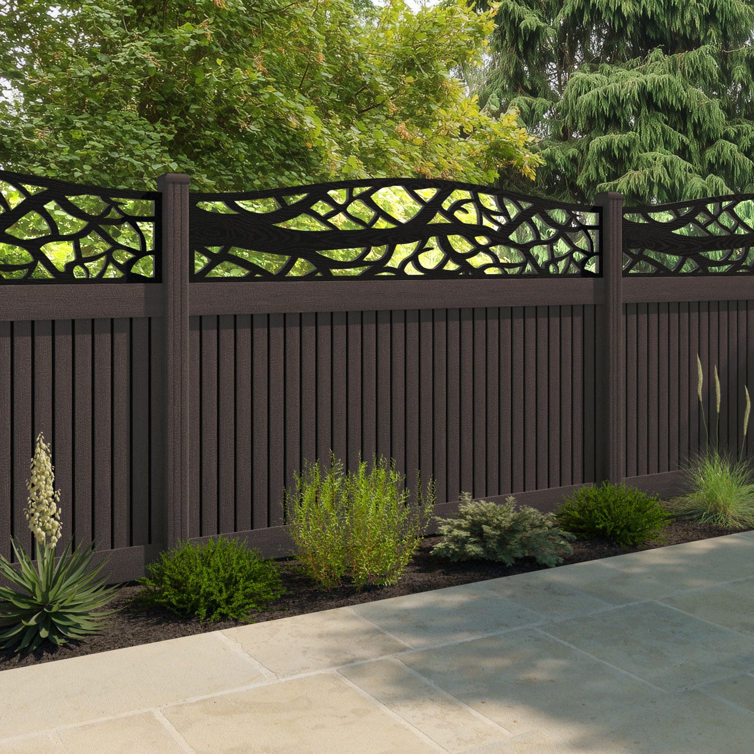 Virtis Twilight Curved Top Fence Panel - Mid Brown - with our composite posts