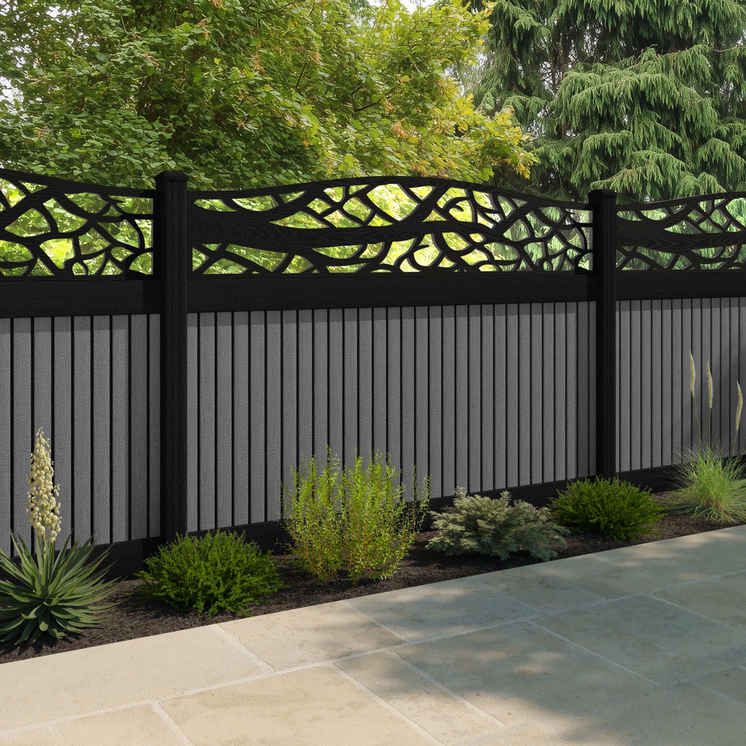 Virtis Twilight Curved Top Fence Panel - Mid Grey - with our aluminium posts