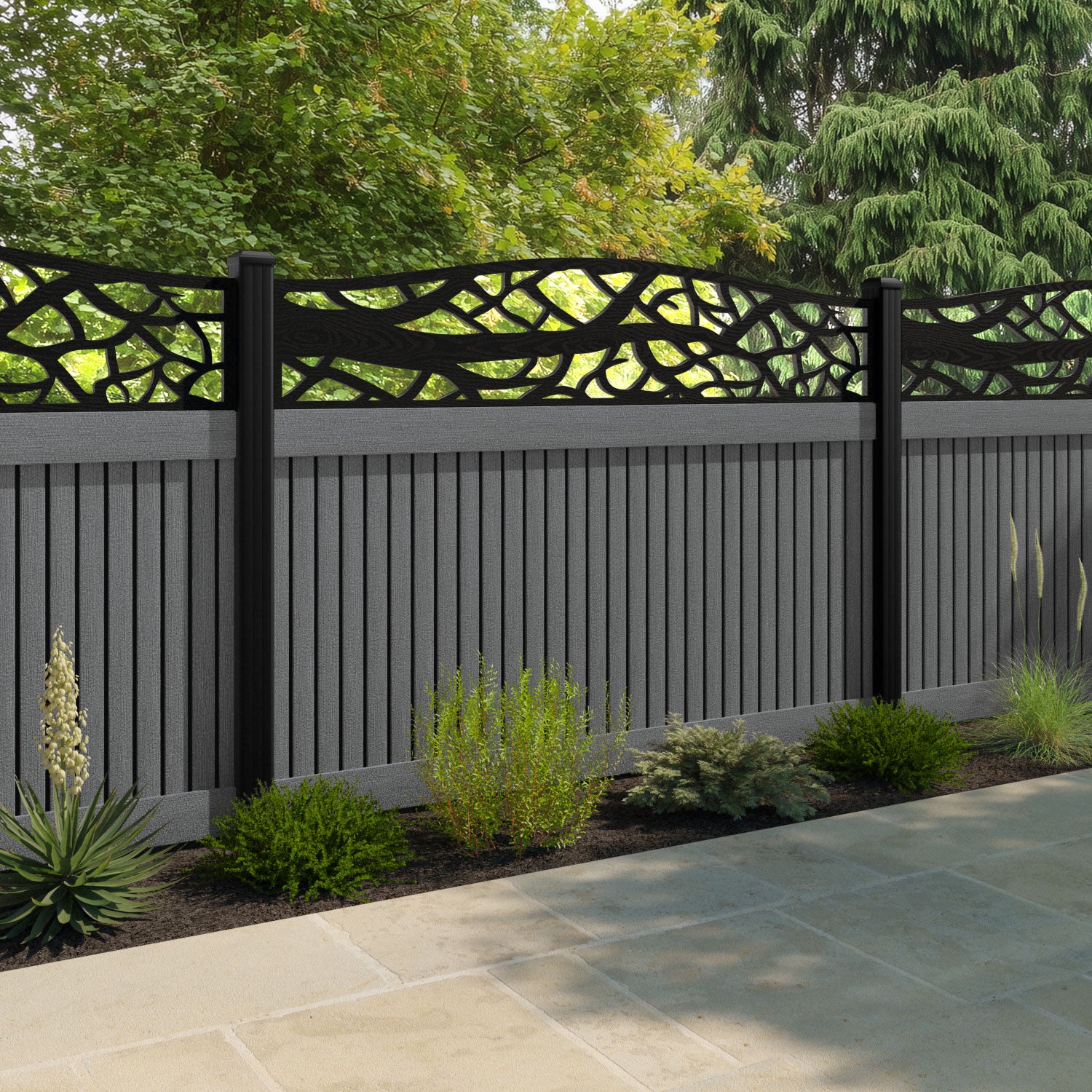 Virtis Twilight Curved Top Fence Panel - Mid Grey - with our composite posts