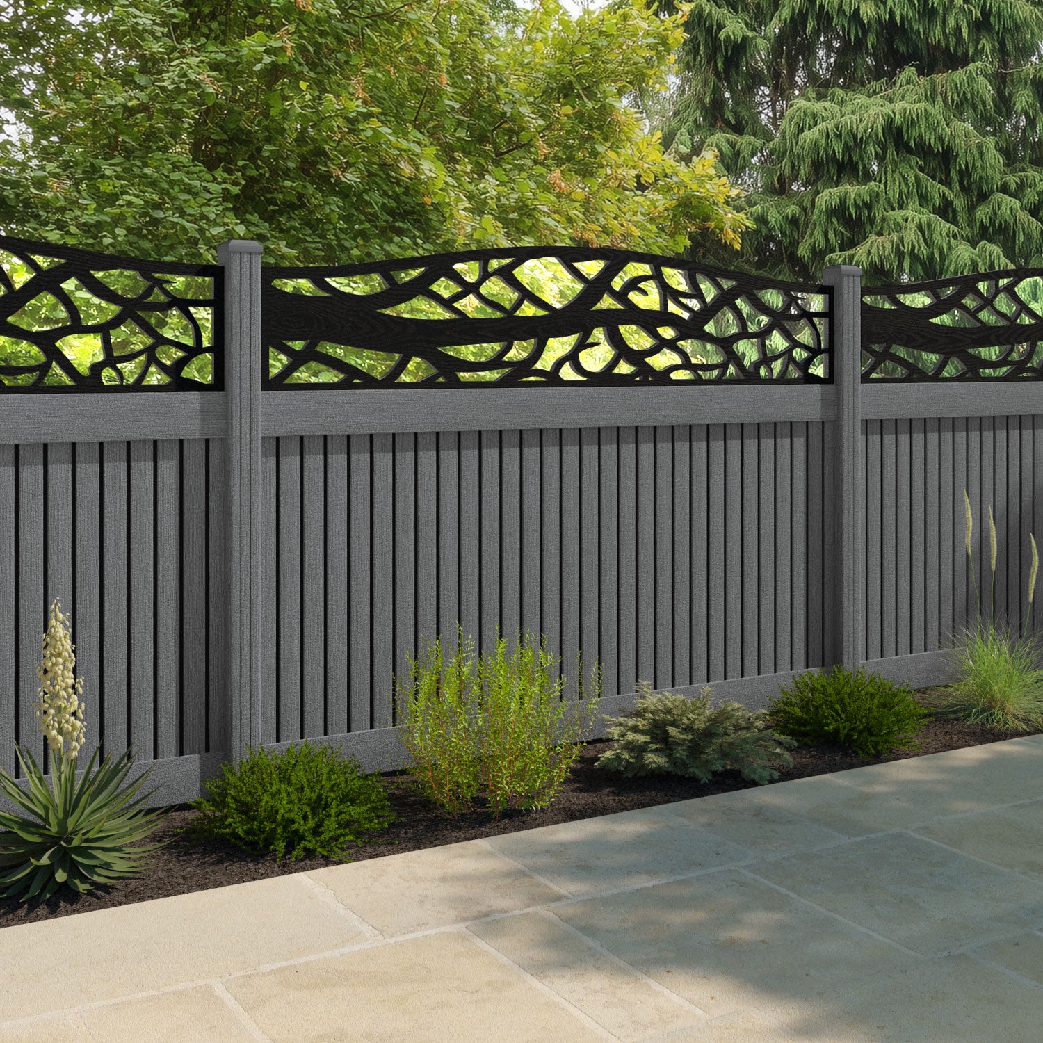 Virtis Twilight Curved Top Fence Panel - Mid Grey - with our composite posts