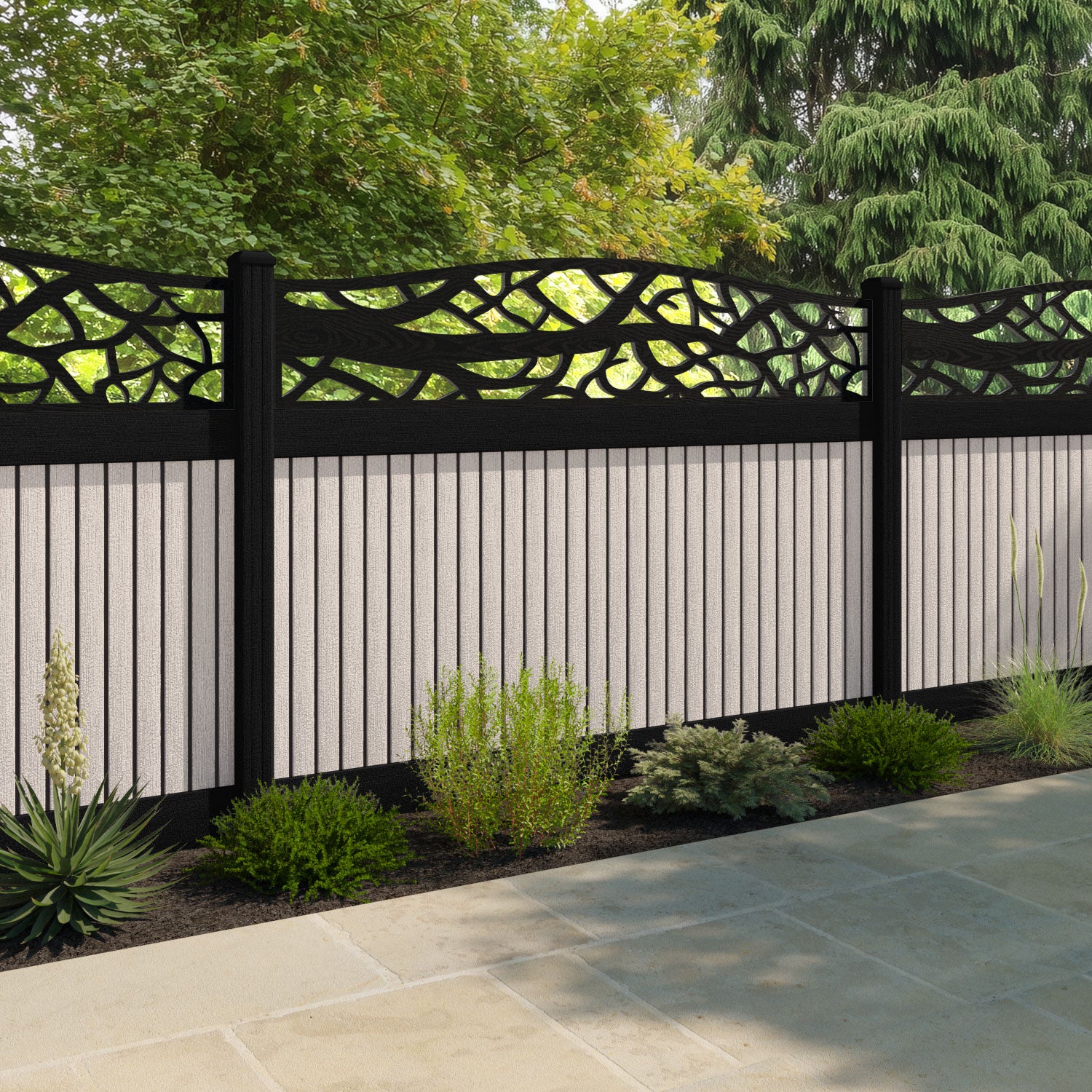 Virtis Twilight Curved Top Fence Panel - Mid Stone - with our aluminium posts