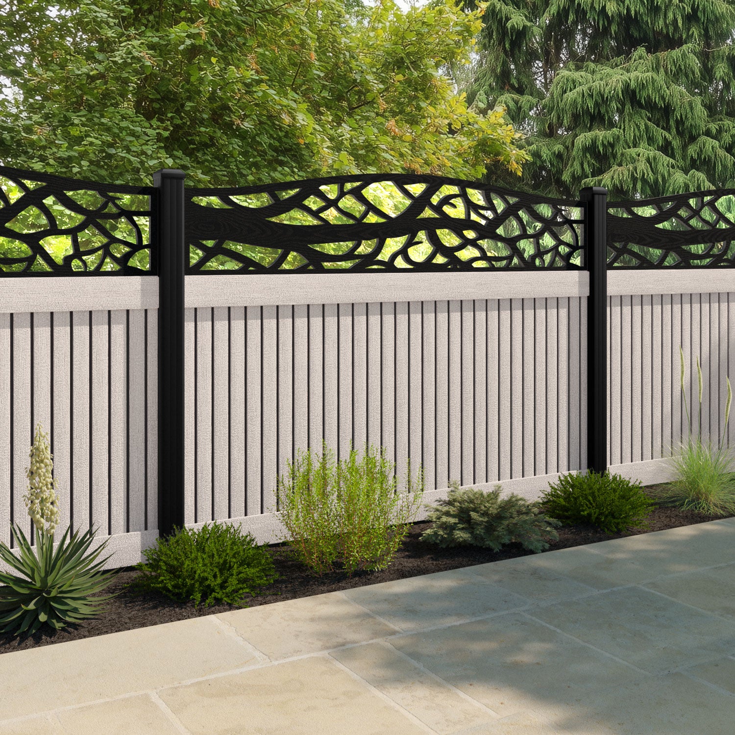 Virtis Twilight Curved Top Fence Panel - Mid Stone - with our aluminium posts