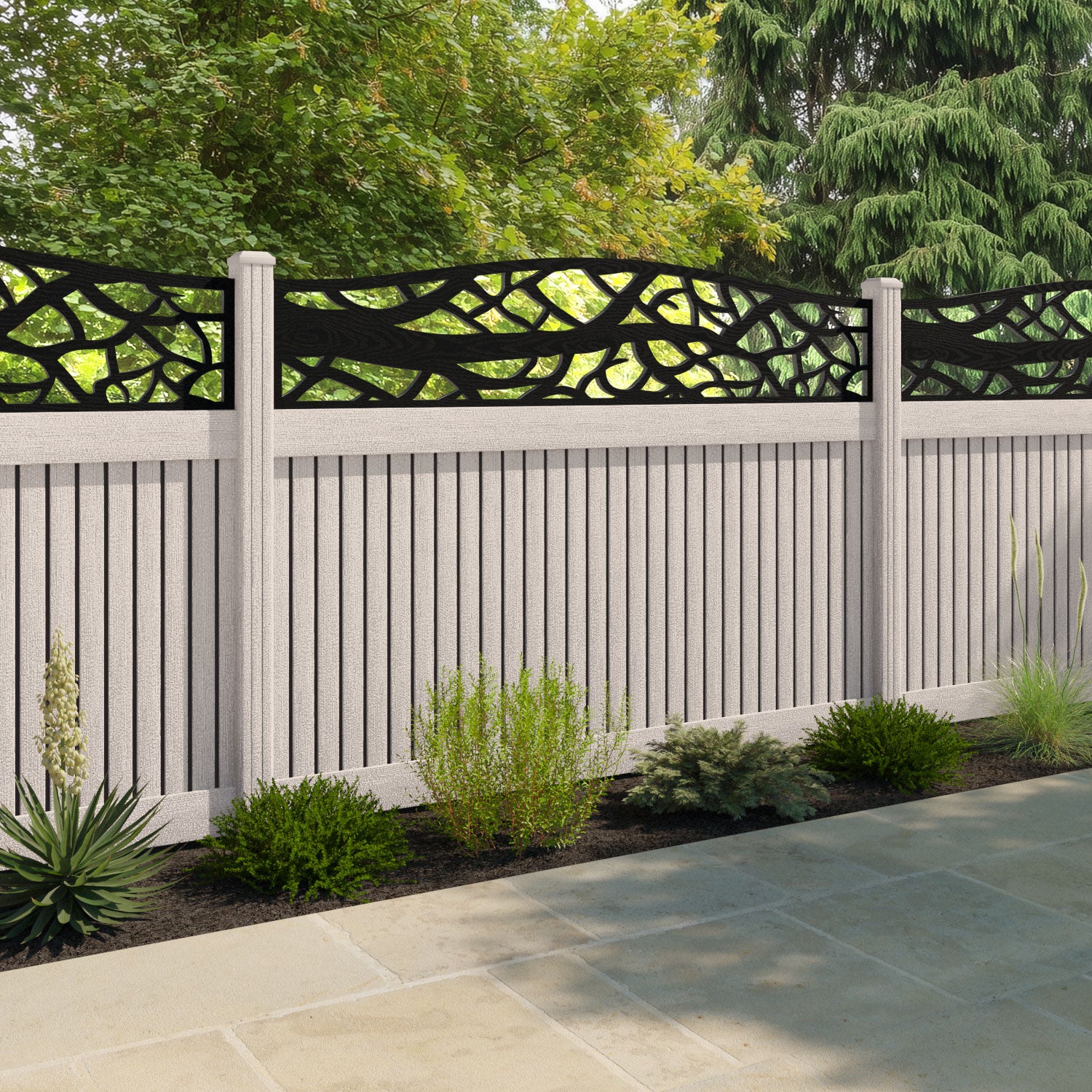 Virtis Twilight Curved Top Fence Panel - Mid Stone - with our composite posts