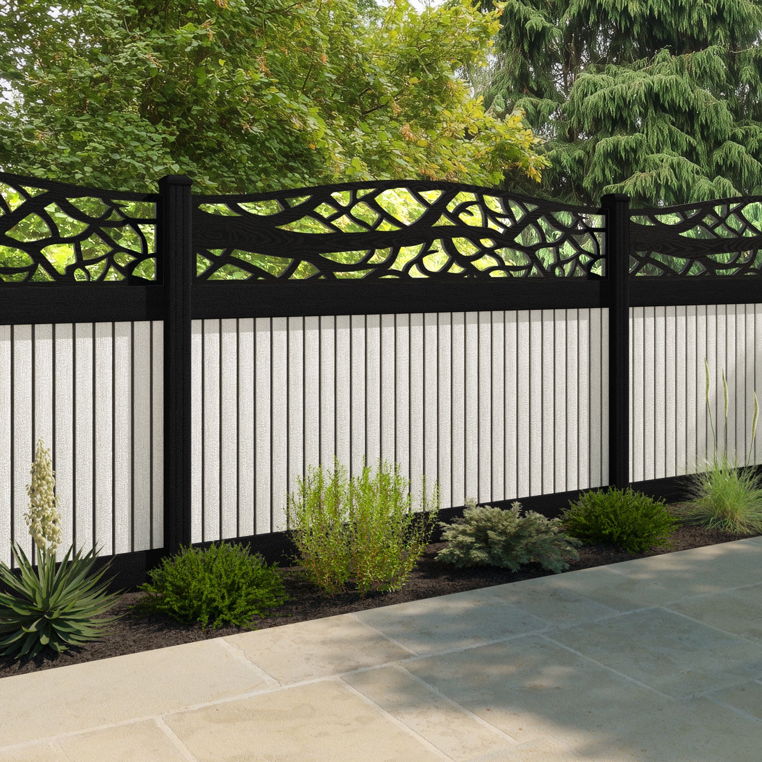 Virtis Twilight Curved Top Fence Panel - Light Stone - with our aluminium posts
