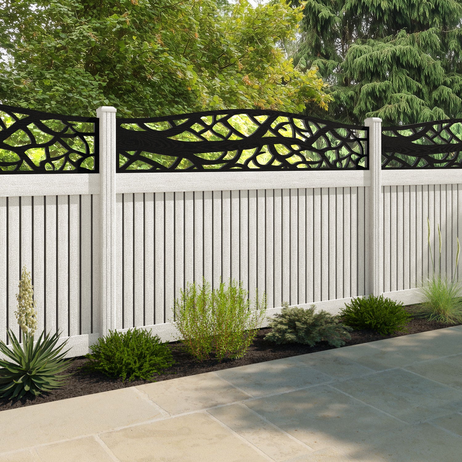 Virtis Twilight Curved Top Fence Panel - Light Stone - with our composite posts