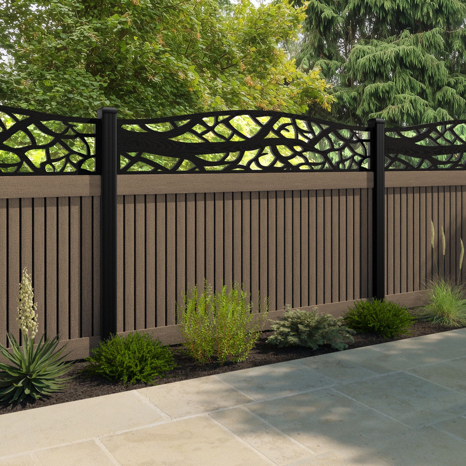 Virtis Twilight Curved Top Fence Panel - Teak - with our aluminium posts