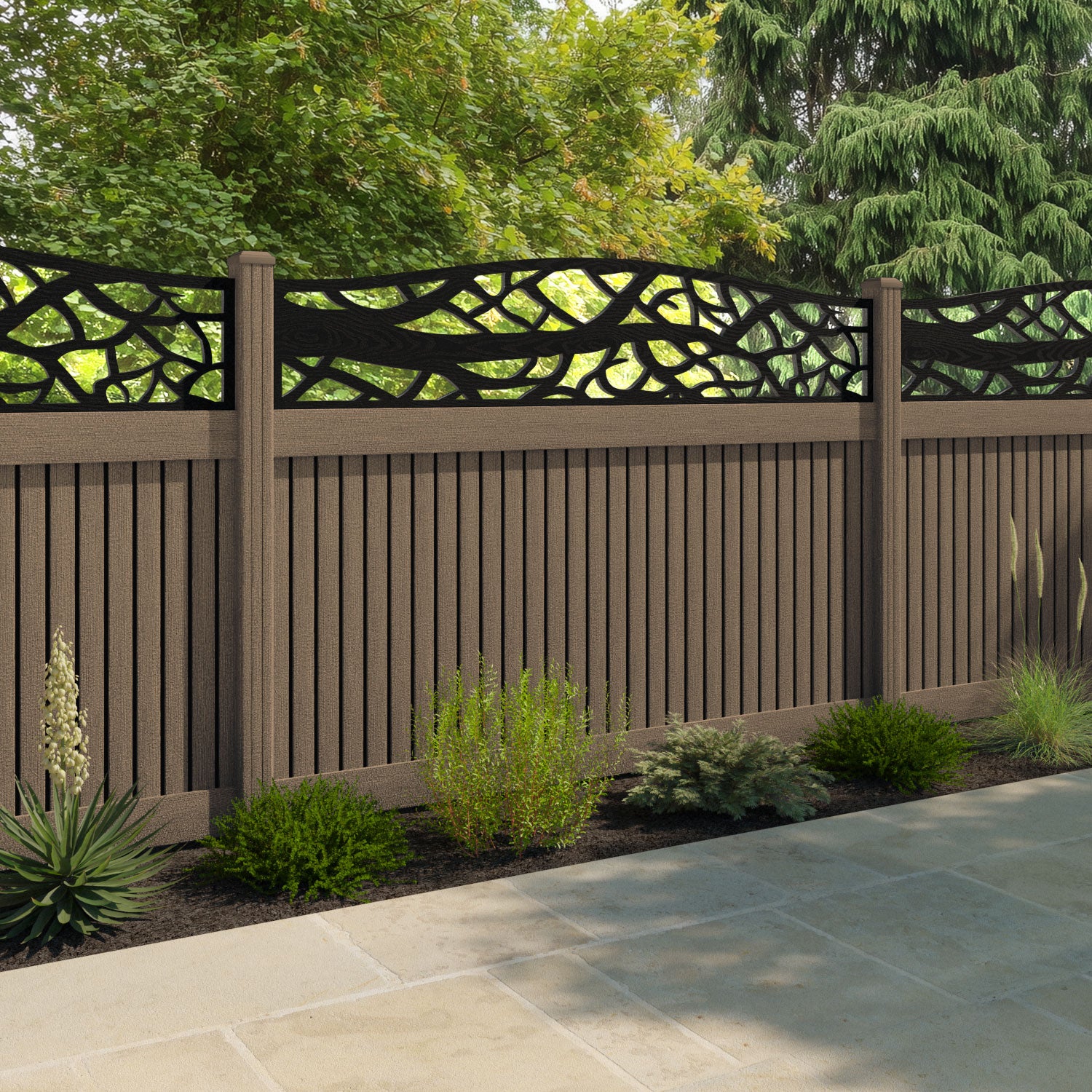 Virtis Twilight Curved Top Fence Panel - Teak - with our composite posts