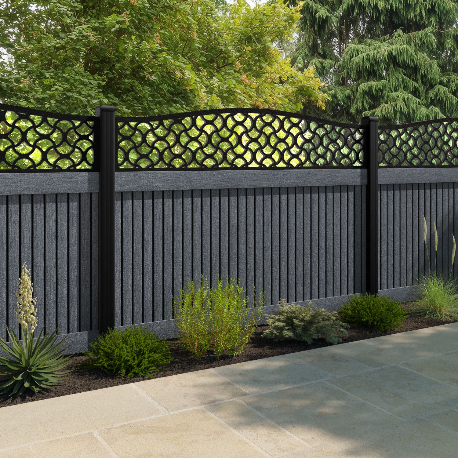 Virtis Vida Curved Top Fence Panel - Anthracite - with our composite posts