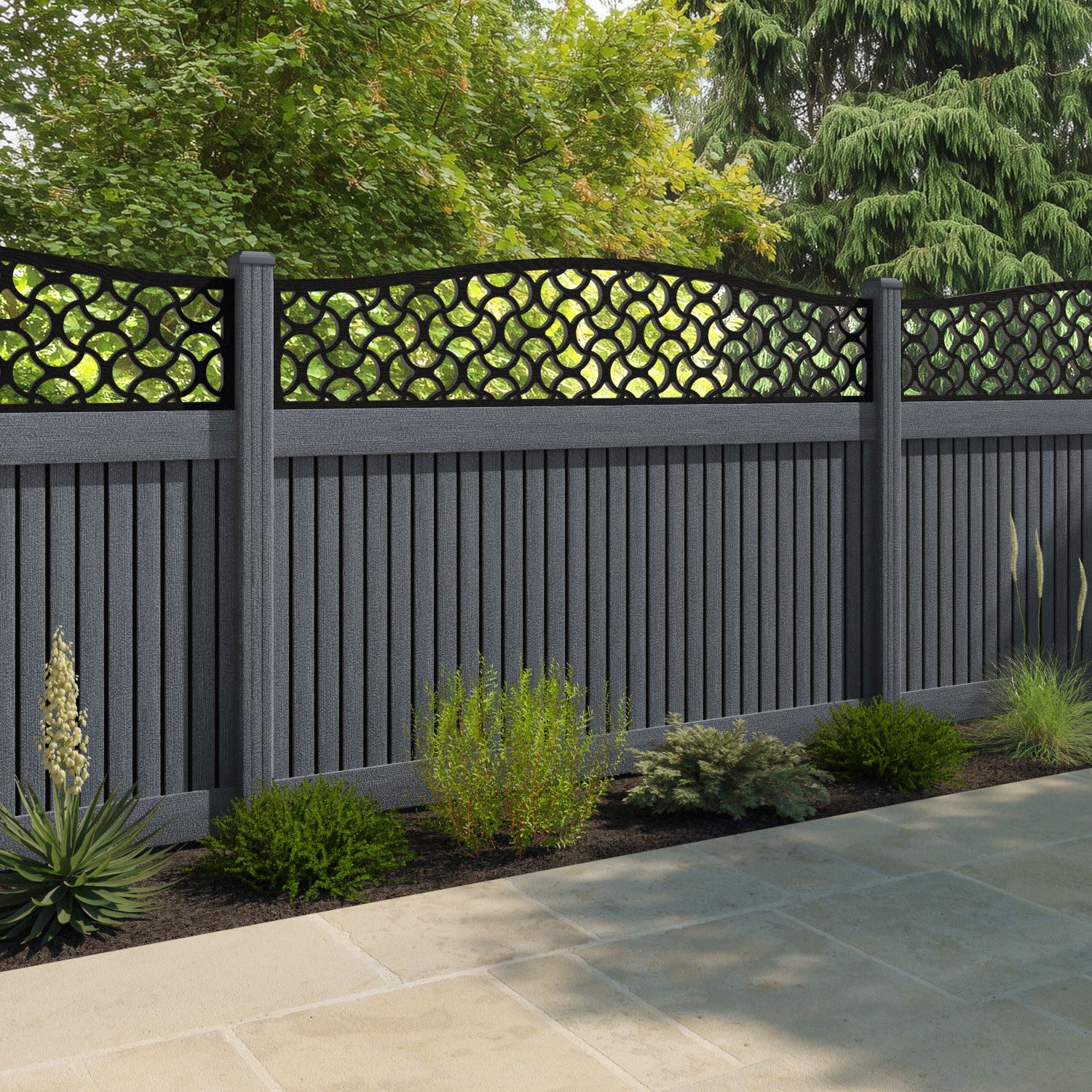 Virtis Vida Curved Top Fence Panel - Anthracite - with our composite posts
