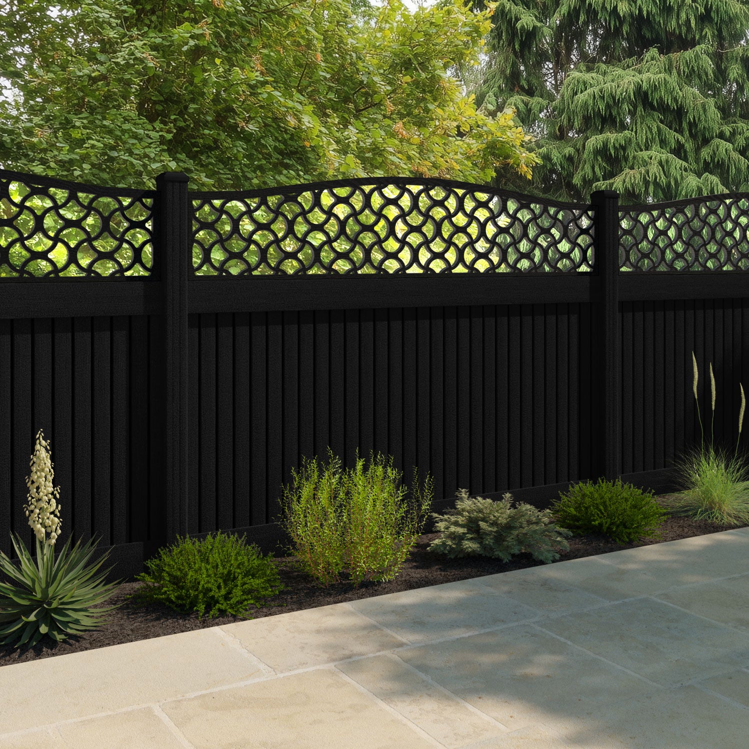 Virtis Vida Curved Top Fence Panel - Black - with our composite posts