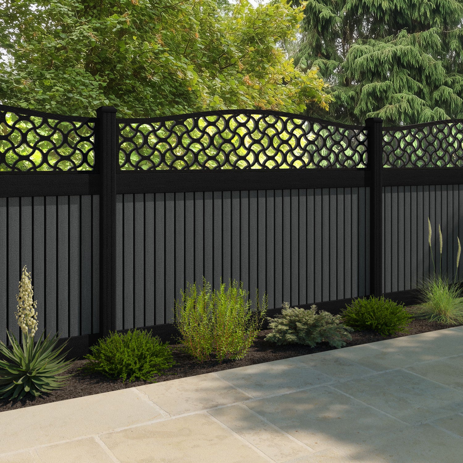 Virtis Vida Curved Top Fence Panel - Dark Grey - with our composite posts