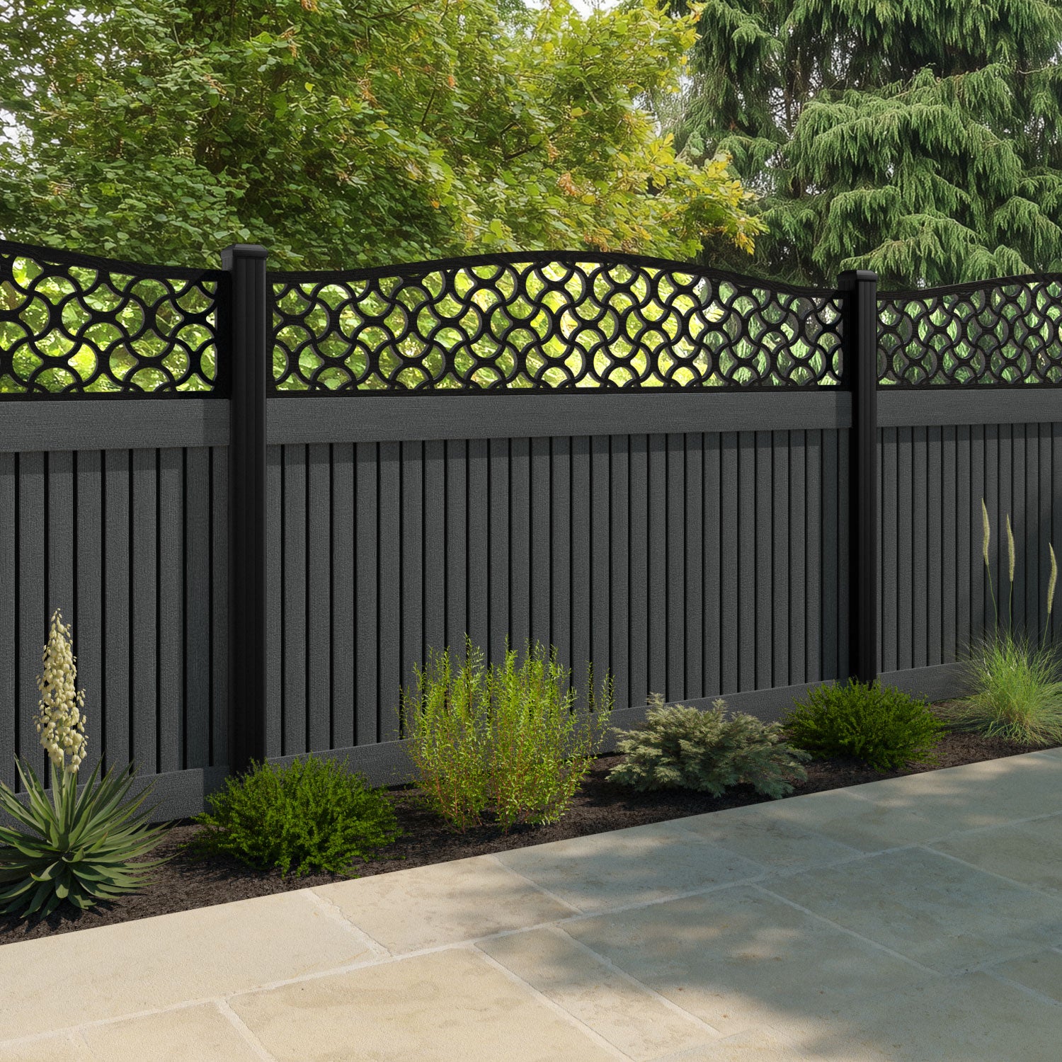 Virtis Vida Curved Top Fence Panel - Dark Grey - with our aluminium posts