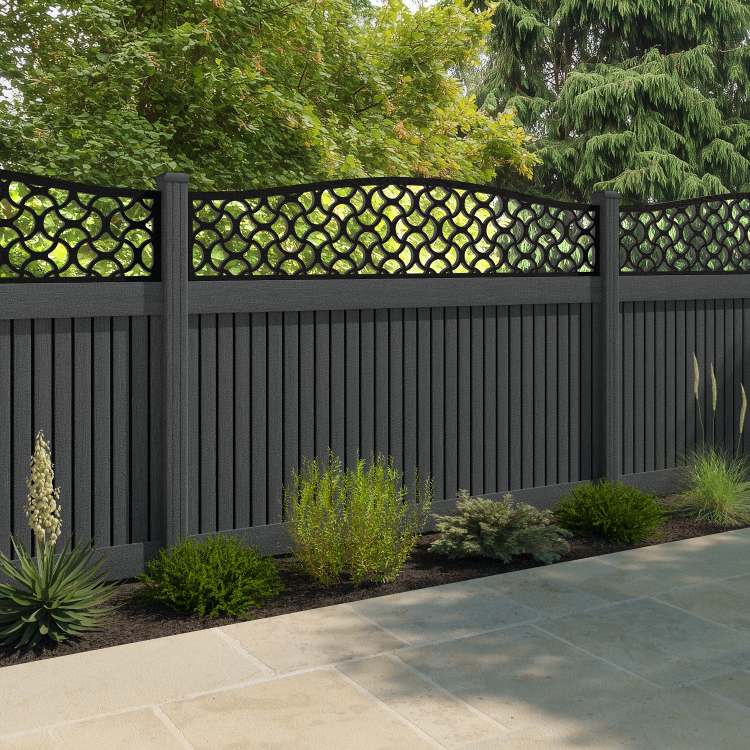 Virtis Vida Curved Top Fence Panel - Dark Grey - with our composite posts