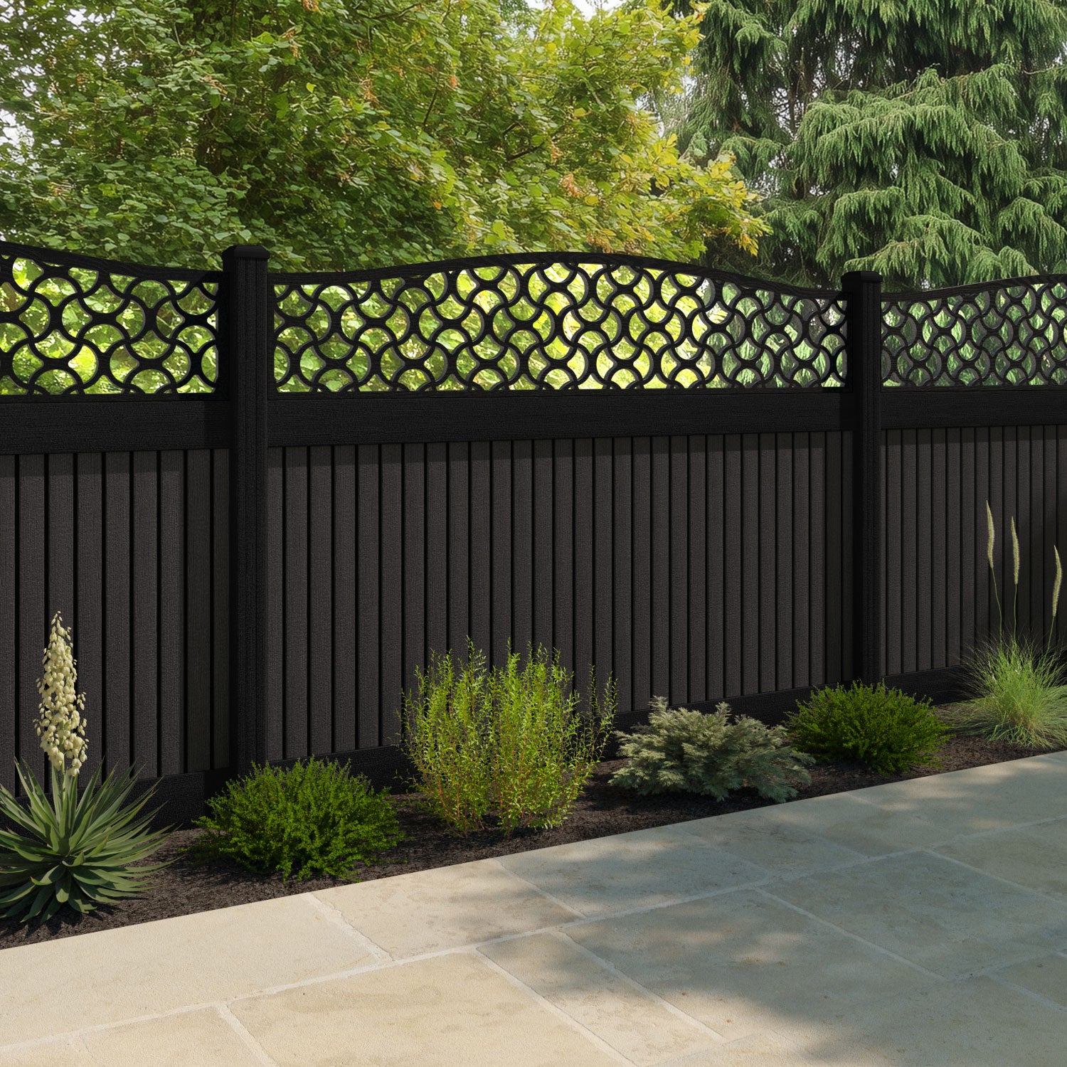 Virtis Vida Curved Top Fence Panel - Dark Oak - with our composite posts
