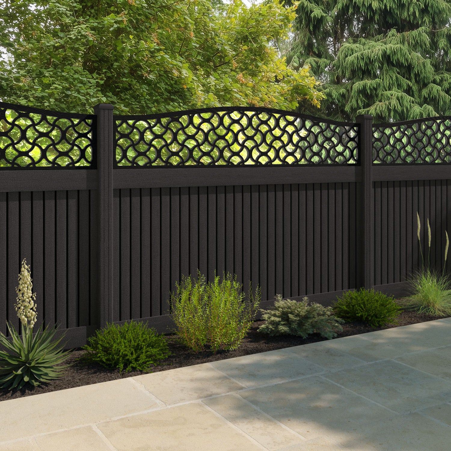 Virtis Vida Curved Top Fence Panel - Dark Oak - with our composite posts