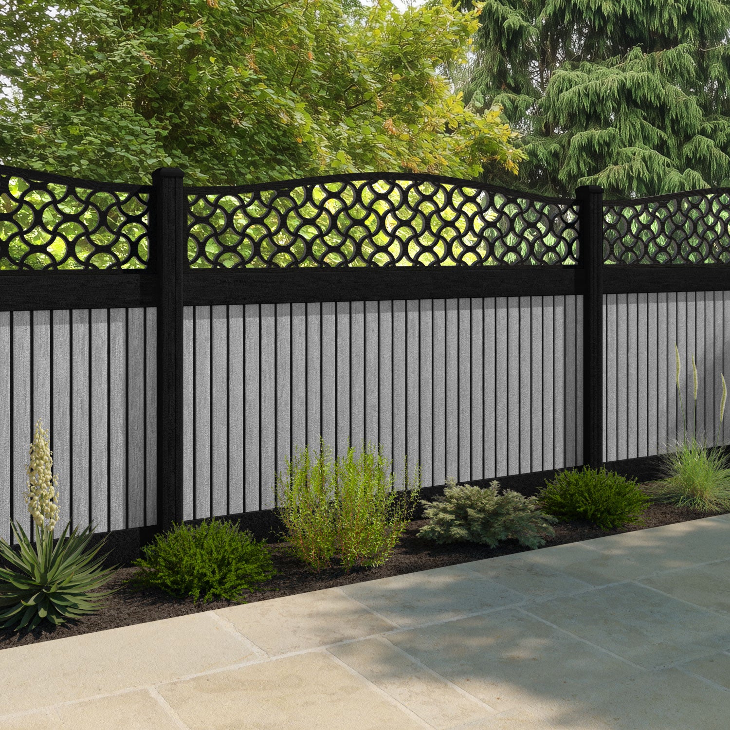Virtis Vida Curved Top Fence Panel - Light Grey - with our composite posts