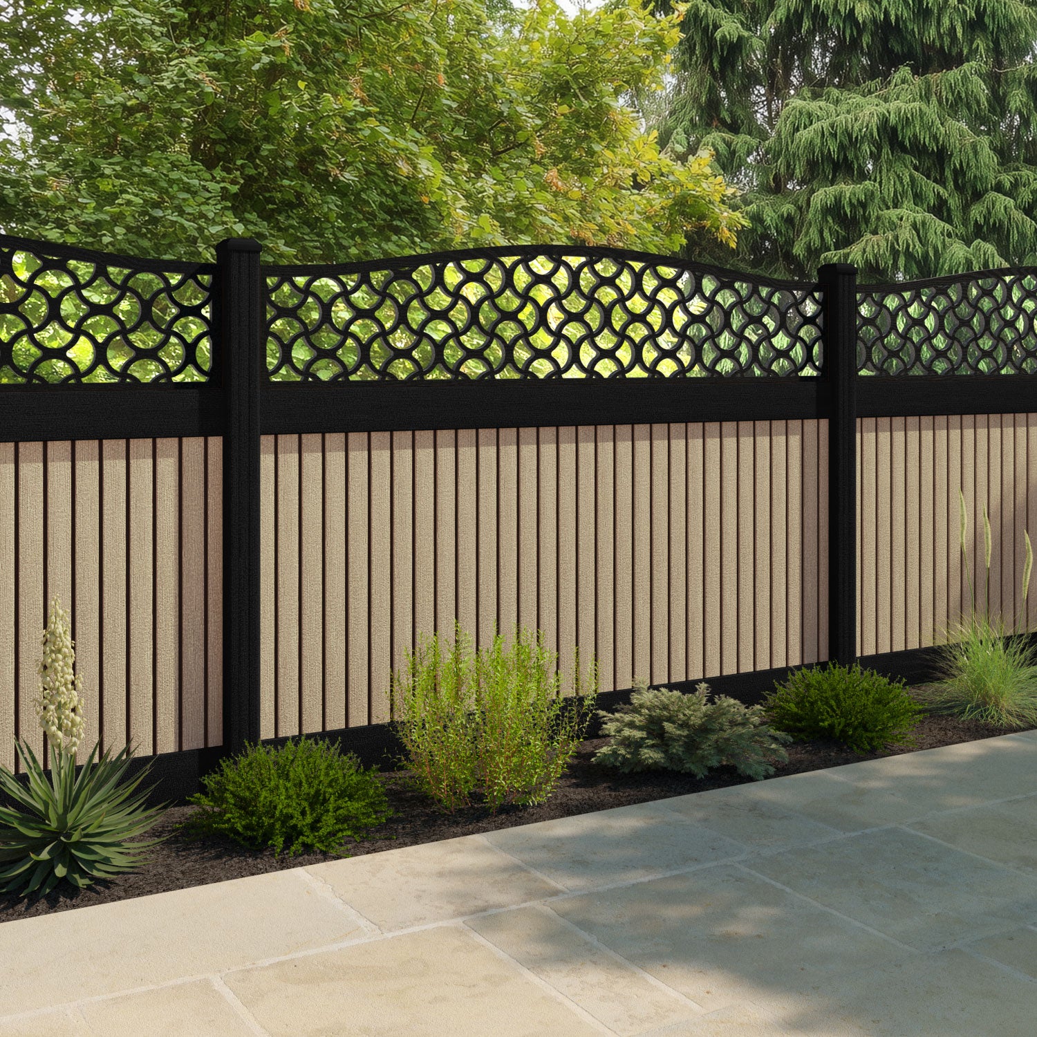 Virtis Vida Curved Top Fence Panel - Light Oak - with our composite posts
