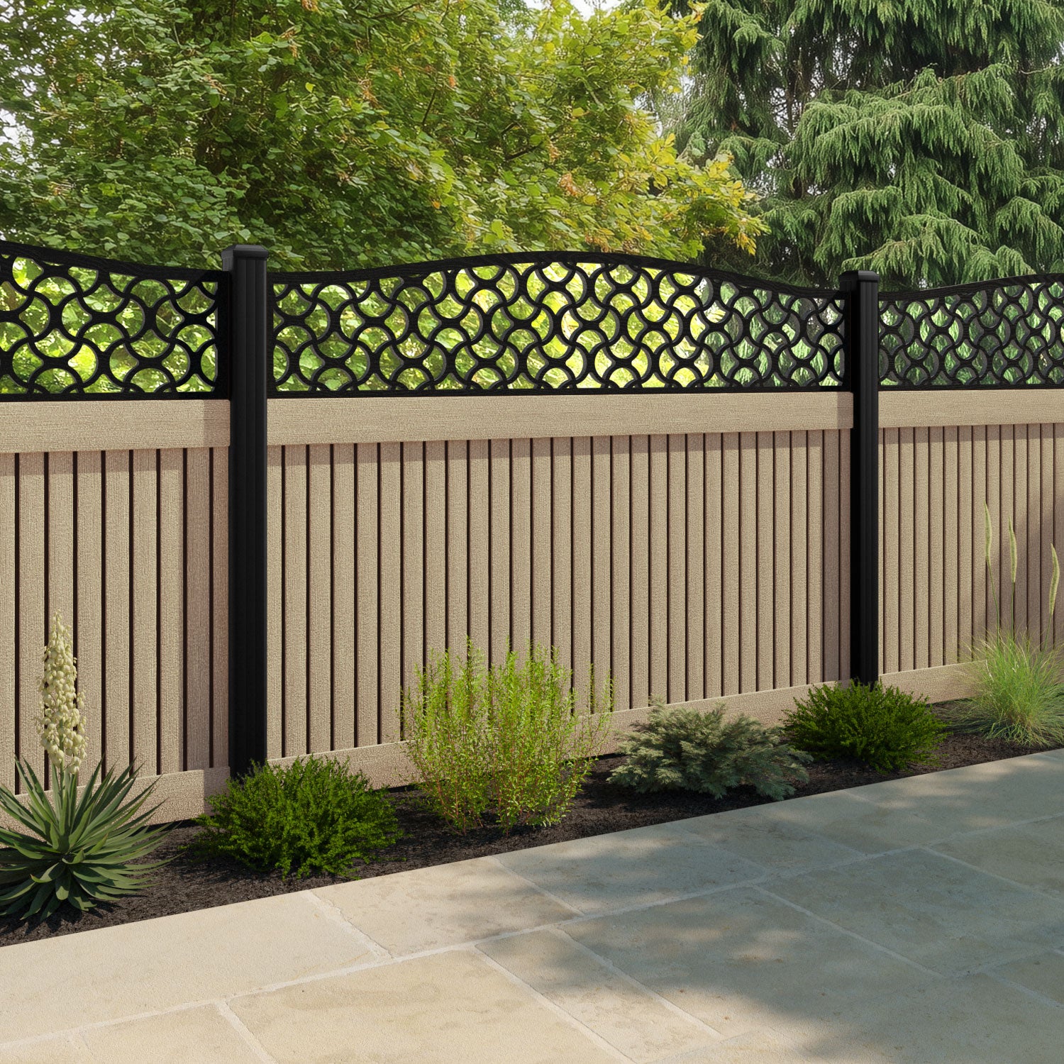 Virtis Vida Curved Top Fence Panel - Light Oak - with our aluminium posts