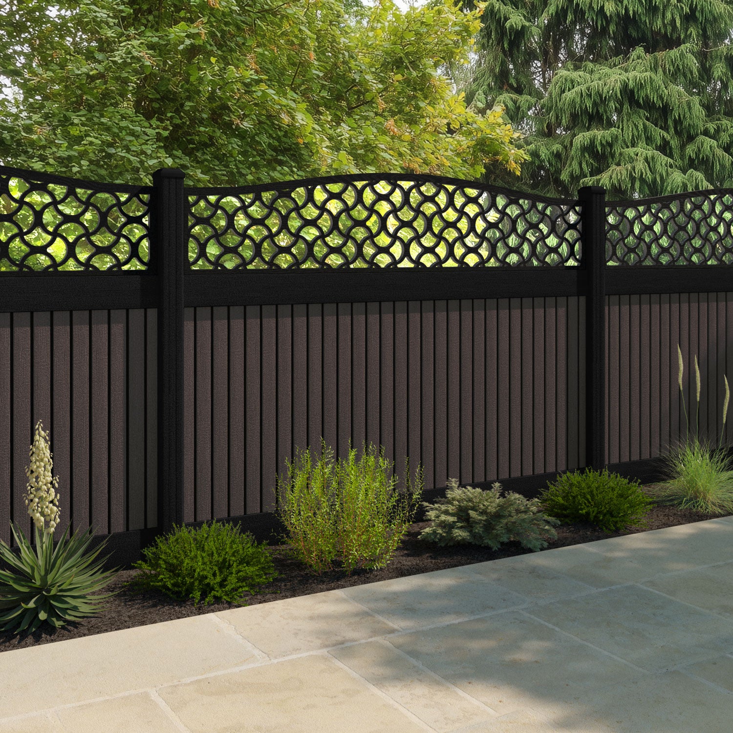 Virtis Vida Curved Top Fence Panel - Mid Brown - with our composite posts