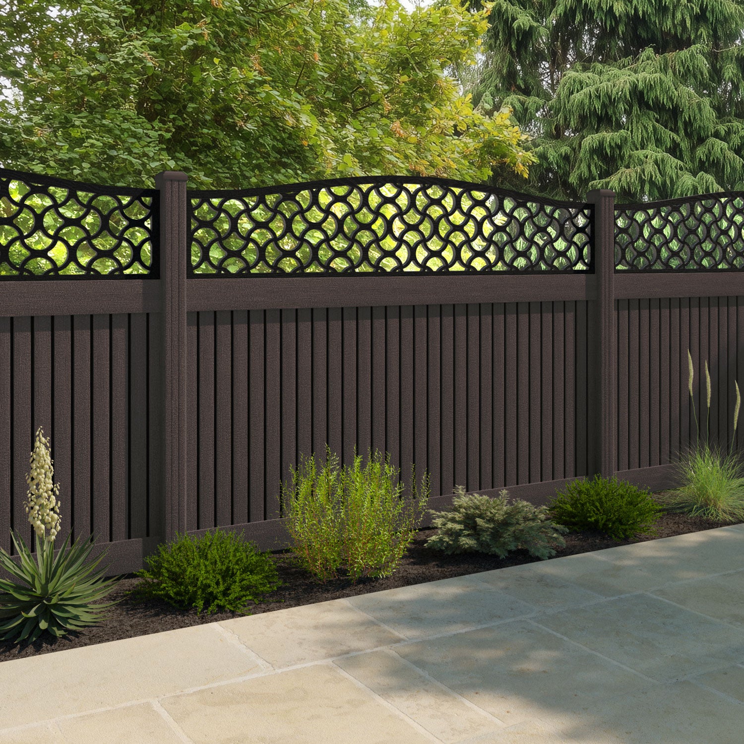 Virtis Vida Curved Top Fence Panel - Mid Brown - with our composite posts