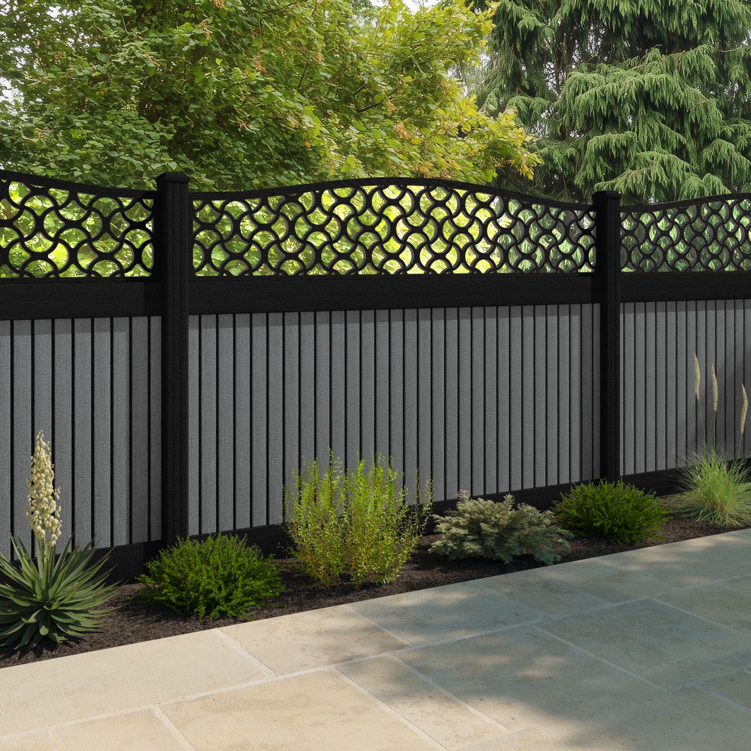 Virtis Vida Curved Top Fence Panel - Mid Grey - with our composite posts