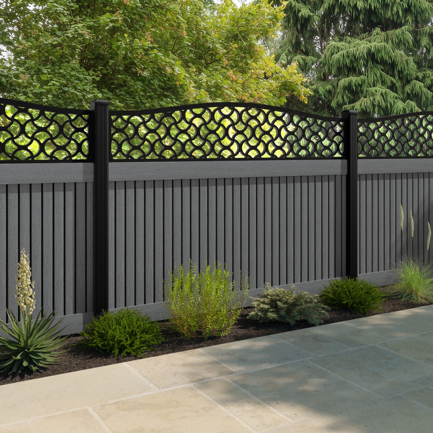 Virtis Vida Curved Top Fence Panel - Mid Grey - with our aluminium posts