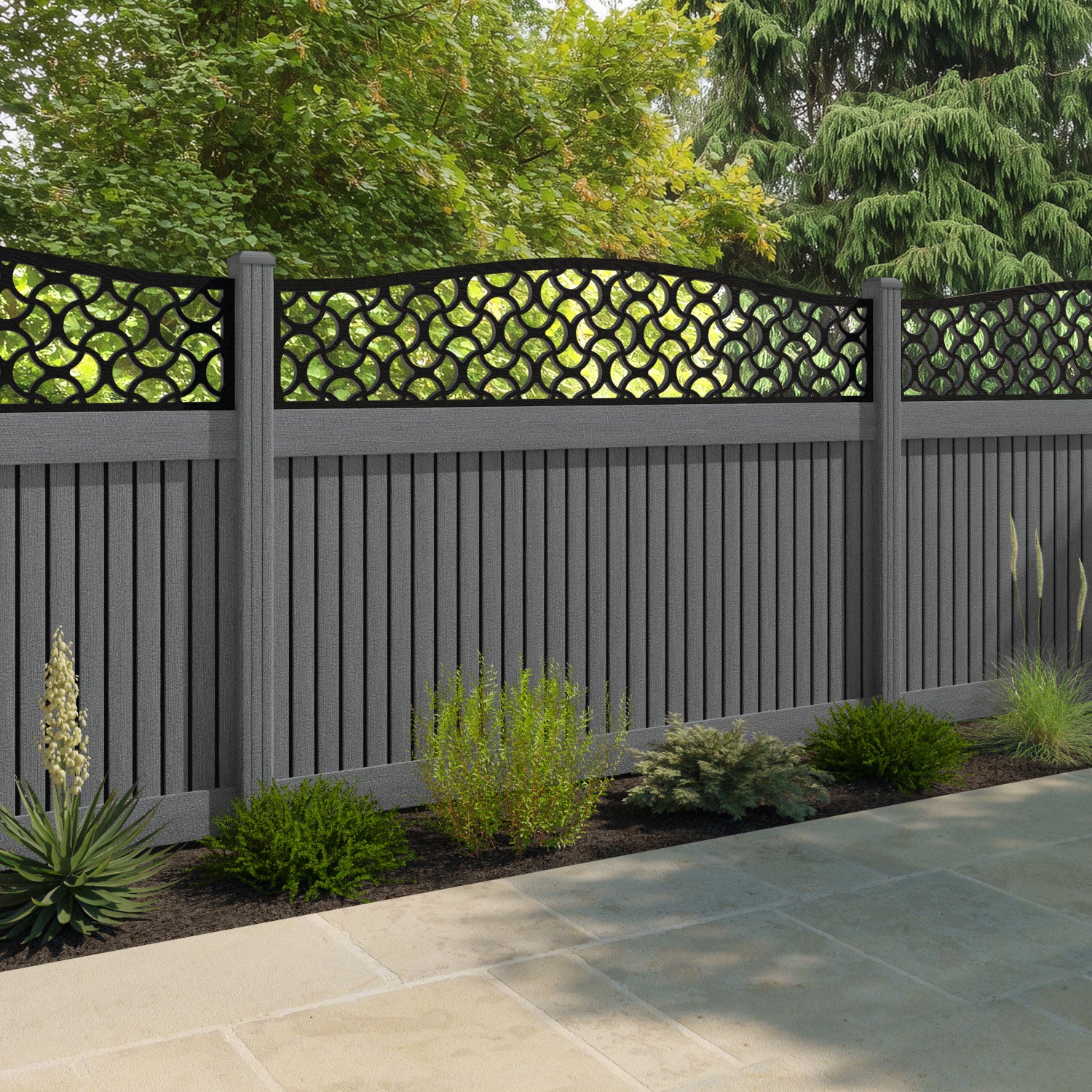 Virtis Vida Curved Top Fence Panel - Mid Grey - with our composite posts