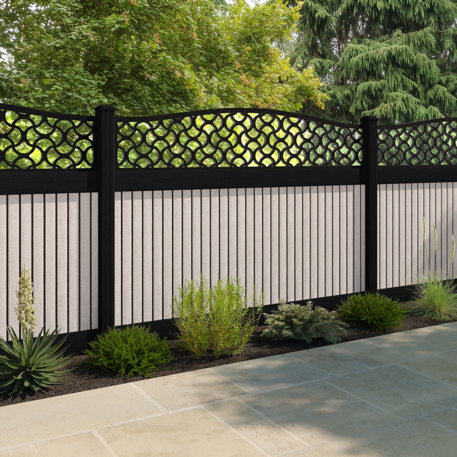 Virtis Vida Curved Top Fence Panel - Mid Stone - with our composite posts