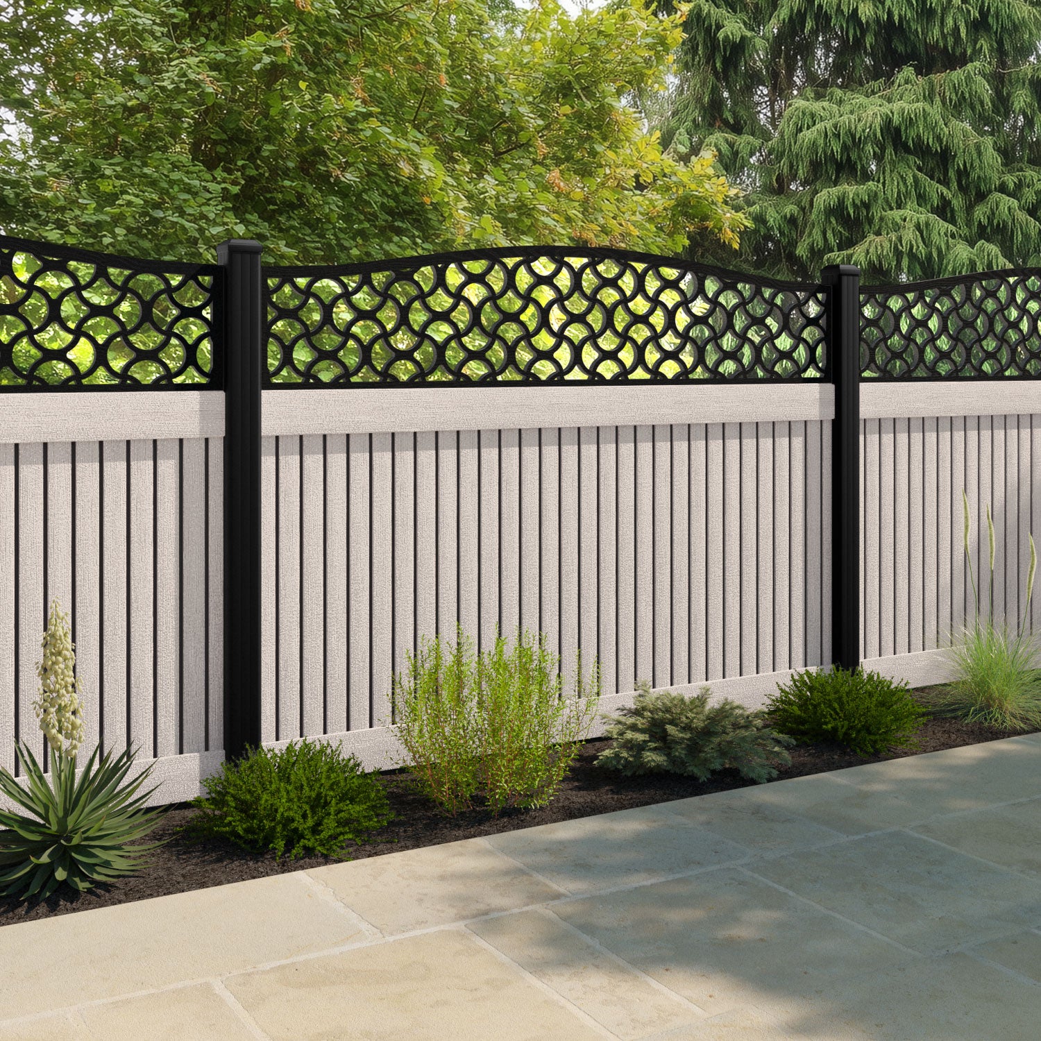 Virtis Vida Curved Top Fence Panel - Mid Stone - with our composite posts
